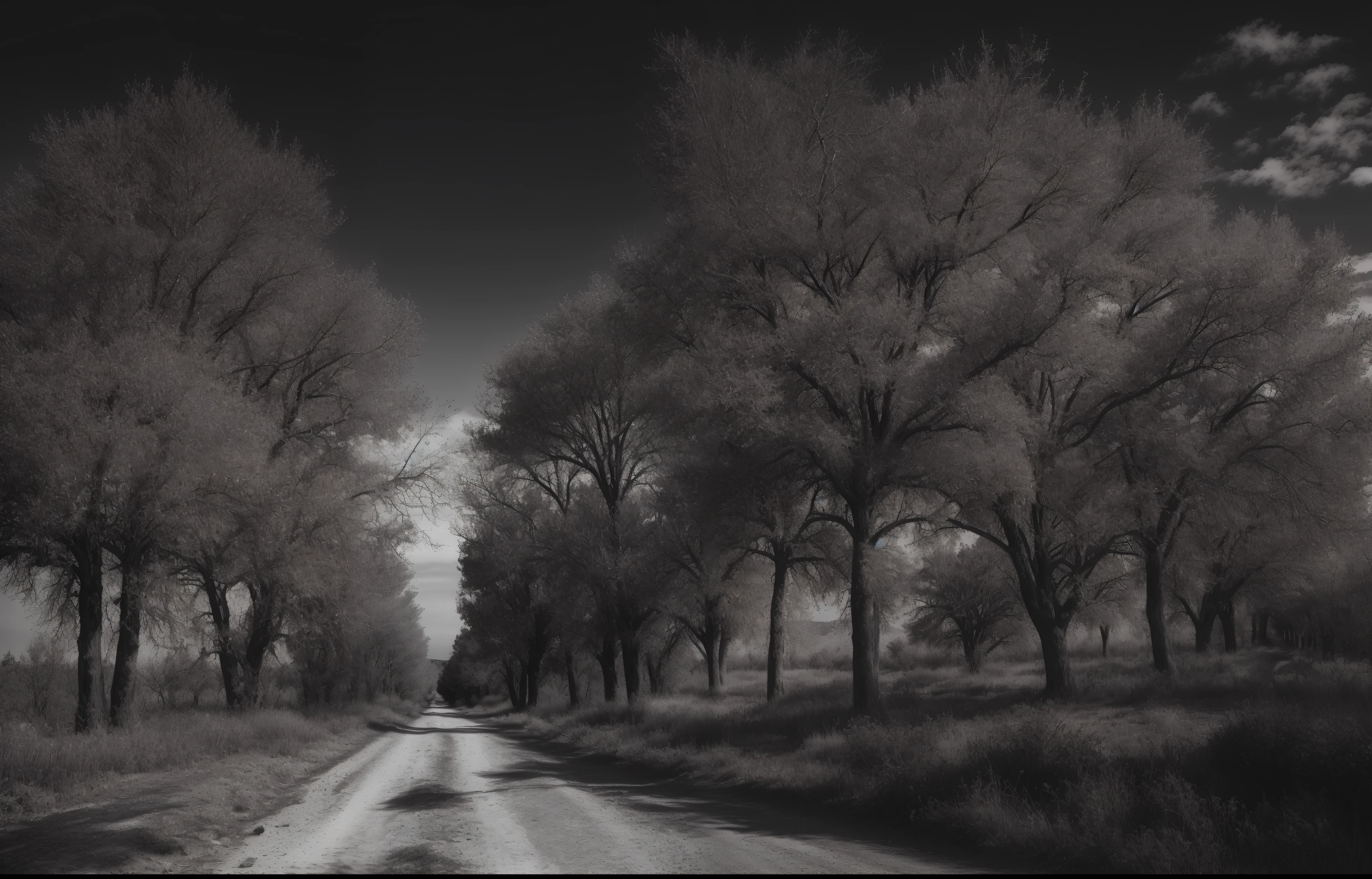 Arafed view of a dirt road with two trees on each side, Infared photography, Camino de tierra, Camino rural, inspirado por Dorothea Lange, scattered trees, black and white photograph, incoloro y silencioso, Foto en blanco y negro, camino fangoso, Scattered bare trees, Dead trees, Infrarrojo - Rojo, bare trees, El camino, Grayscale photography