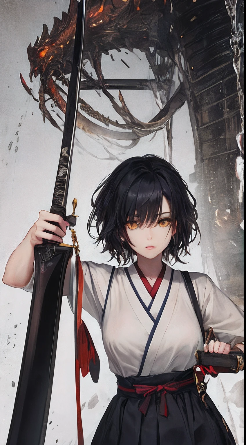 colorful,highest detailed, woman with white really long messy beautiful detailed black hair serious eyes, dull eyes, dead inside, dark yellow eyes, beautiful, majestic, samurai, evil, oni, samurai welding a huge sword with mechanic arm