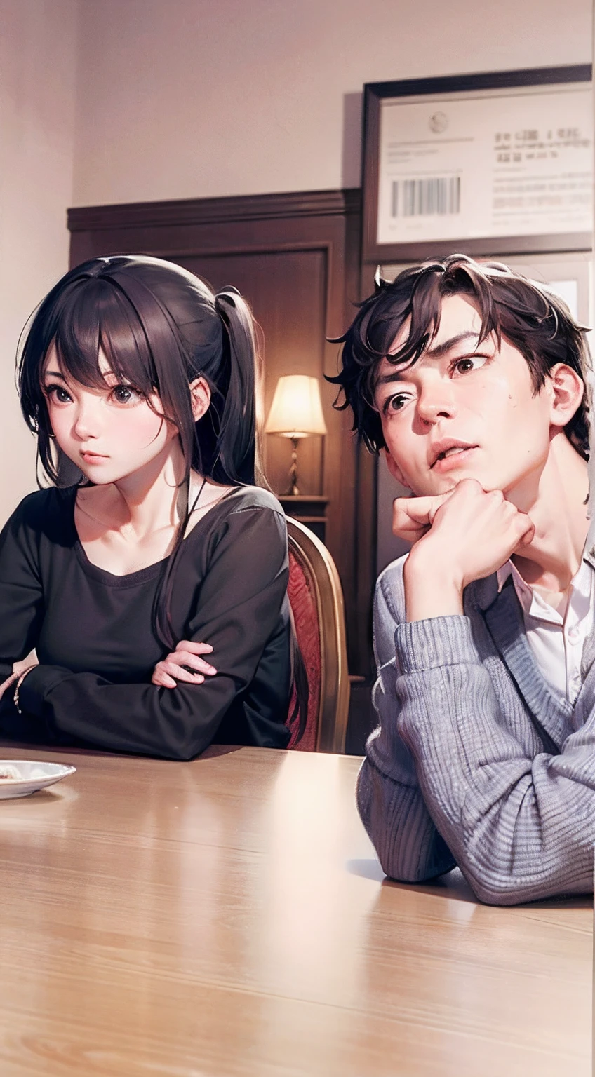 There are two people sitting at a table,The background is the clock, Ruan Jia and Fenghua Zhong, ruan jia and brom, yiqiang and shurakrgt, cute couple, they are very serious, zmonzheng, profile picture 1024px, with her long, Ayami Kojima and Yoshitaka Amano