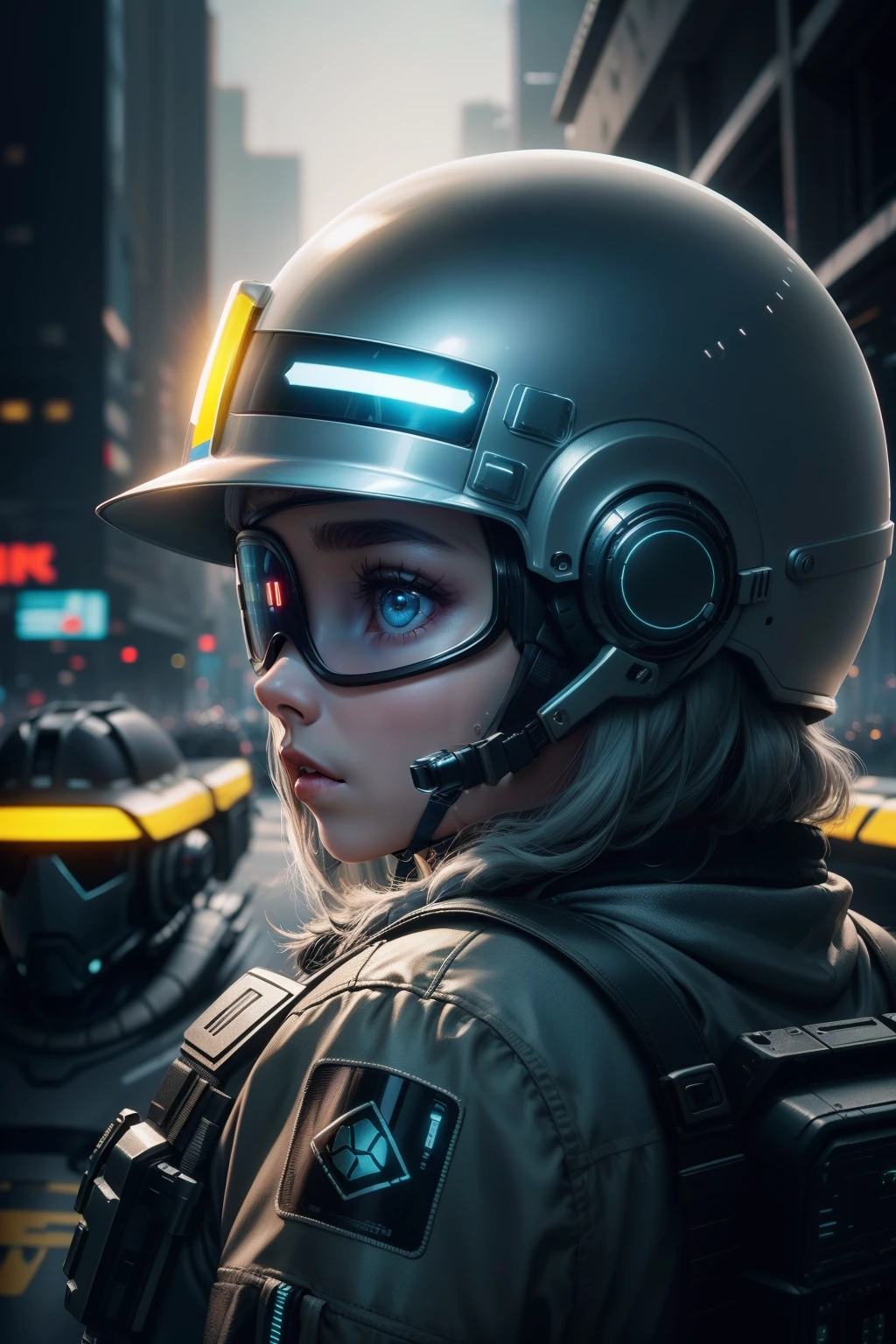 Closeup of a baby wearing brushed steel helmet, olhos cobertos, reflective surface on helmet, ((cyberhelmet:1.2 scifi)), Futuristic, cyberwave, fundo cyberpunk 2077, mega cidade, neo cyber world, cinemactic, Contrata, 4k, detalhes intrincados, Grain, side view