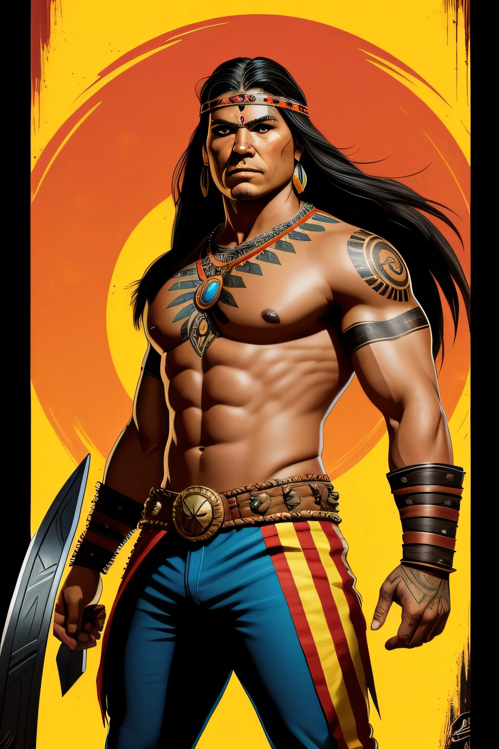 Create an indigenous warrior, forte, com pintura corporal e com adornos de metal e com penas que transmitam muito poder, segurando um arco e flecha, In a gamer art style with the design of the Marvel film productions of the 2010s