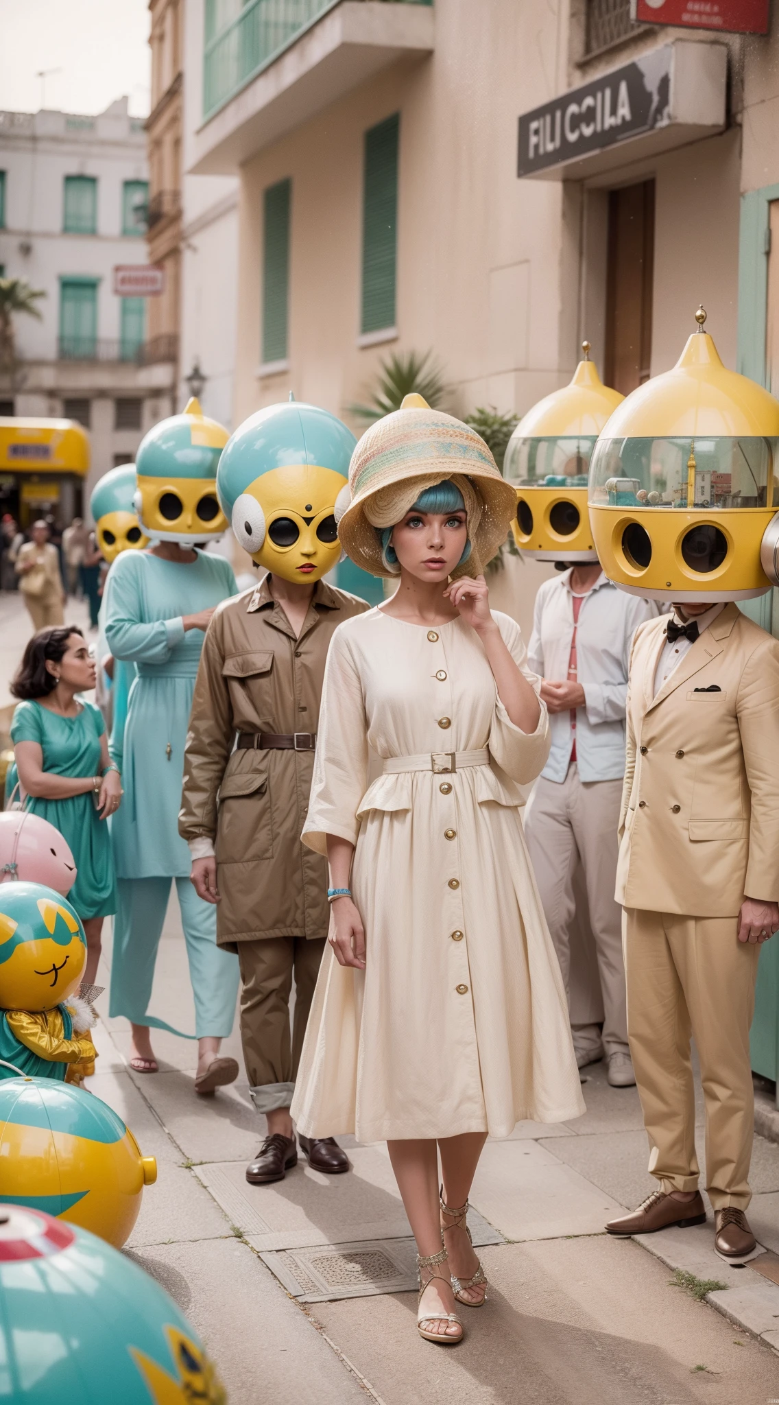 8k portrait of a 1960s science fiction film by Wes Anderson, Vogue anos 1960, pastels colors, There are people wearing weird futuristic masks and wearing extravagant retro fashion outfits and men and women wearing alien makeup and old ornaments with mechanical pets in town, Luz Natural, Psicodelia, futurista estranho, fotorrealista, hiper detalhado, foco nítido, Intrinsic, Fuji filmes 55mm,