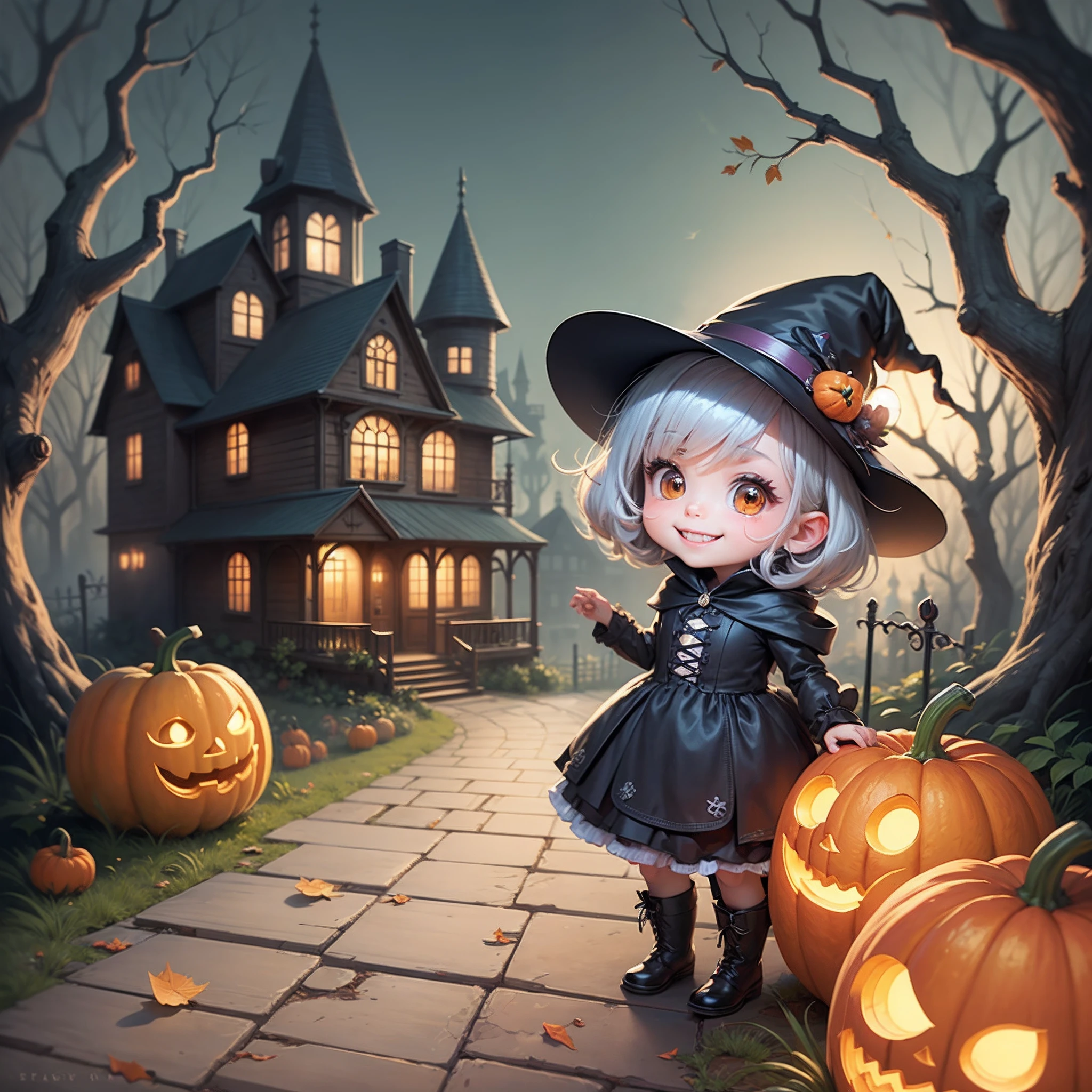 cover image for a book where there is a cute little kawaii witch, cartoon style, with a haunted house, some smiling pumpkins and all in a cartoon style, wide image --auto --s2