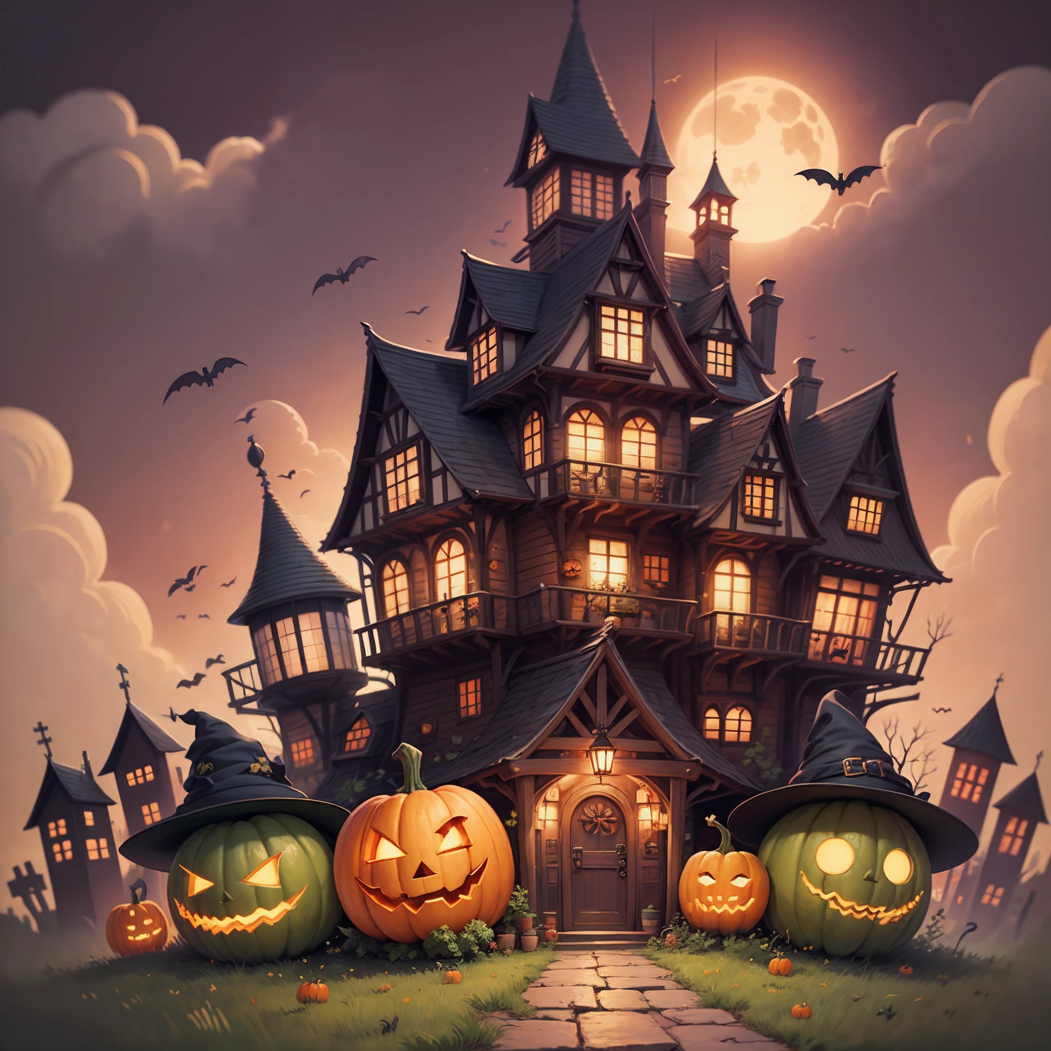 cover image for a book where there is a cute little kawaii witch, cartoon style, with a haunted house, some smiling pumpkins and all in a cartoon style, wide image --auto --s2