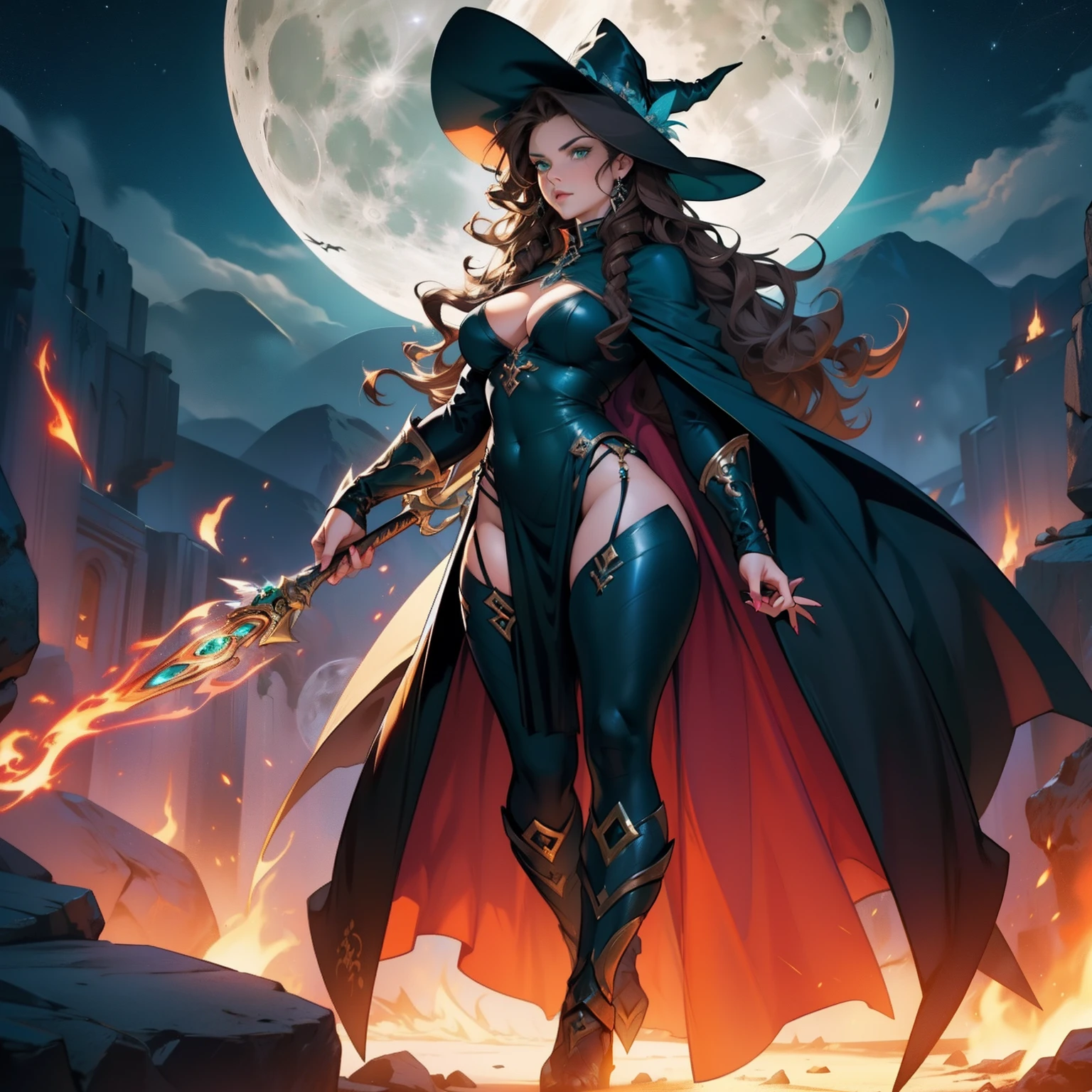 Angel Woman. Sexy Badass Witch. Brown Curly Hair. Angel Wings. Strong Woman. Beautiful Moon Background. Full Body. Long Curly Hair. Green Eyes. Fire Power. Draconic Witch