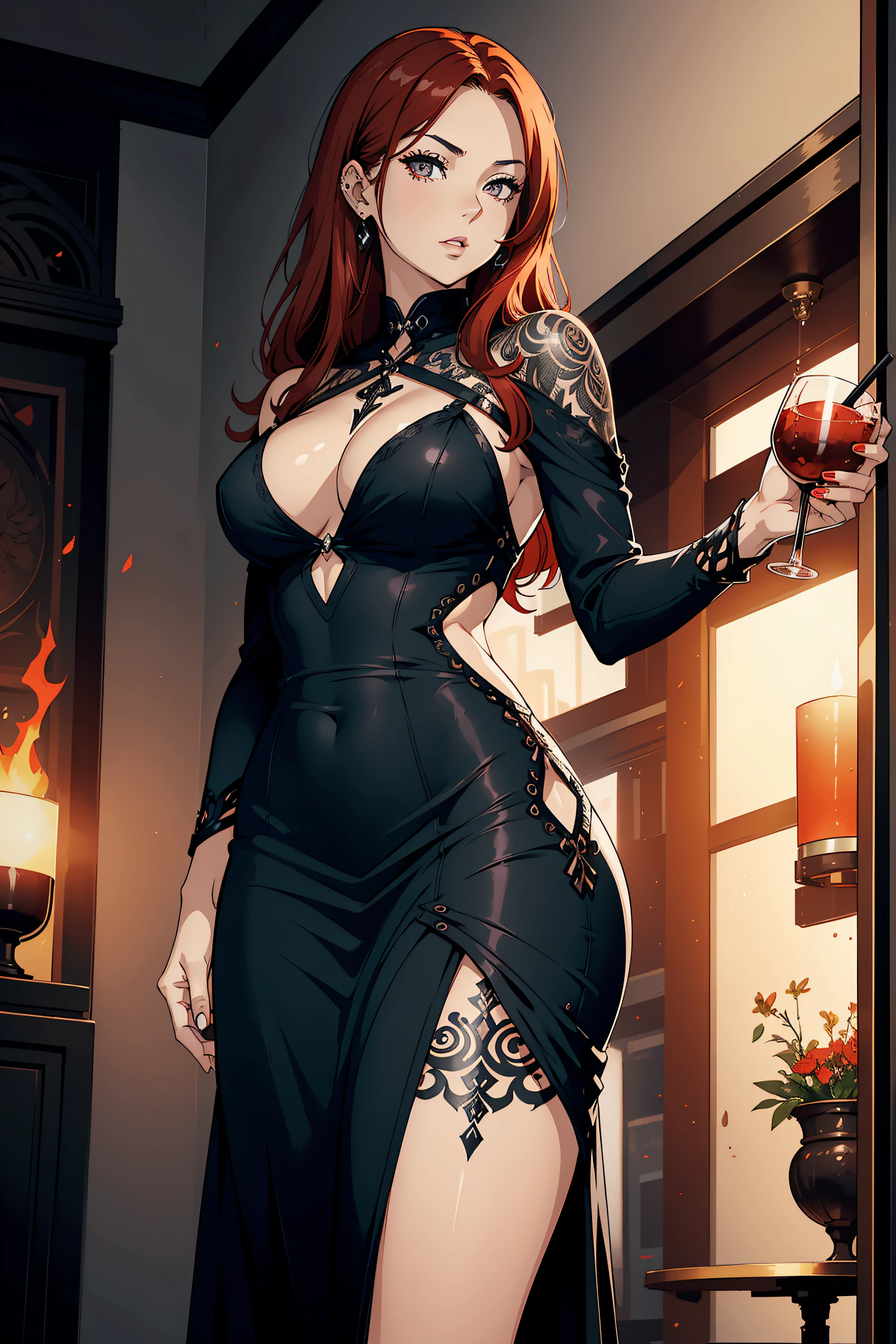 "sexy girl with half-short fiery red hair and piercing fire eyes, wearing a sleek black dress that reveals a hint of cleavage, confidently holding a drink, directly facing the camera, exuding extra detail and capturing every intricate feature, in high quality and superlative detail, black tattoo on her leg, sexy dress."