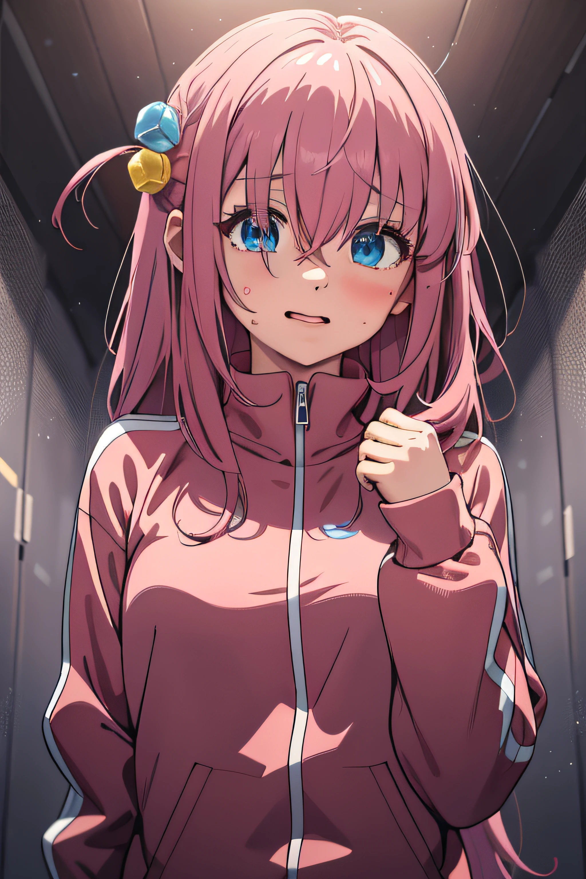 gotou hitori, anime sytle beautiful woman, solo, pink jacket, track jacket, bangs, hair between eyes, pink hair, long sleeves, upper body, sweatdrop, happy, red face, cowboy shot, first person view, large breasts, ((best quality, highres, highest quality, high resolution, perfect pixel)), (detailed eyes, anime eyes style, beautiful eyes)