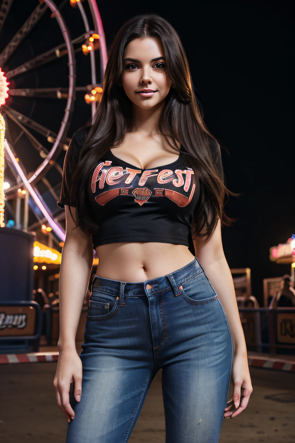 full_body, long_hair, gorgeous, city girl, cleavage, western, hot girl, rollercoaster, amusement_park, jeans and t_shirt, speed, having_fun, fast, night, dark, (masterpiece), best quality, high resolution, extremely detailed, blurred background, depth of field, cinematic lighting,