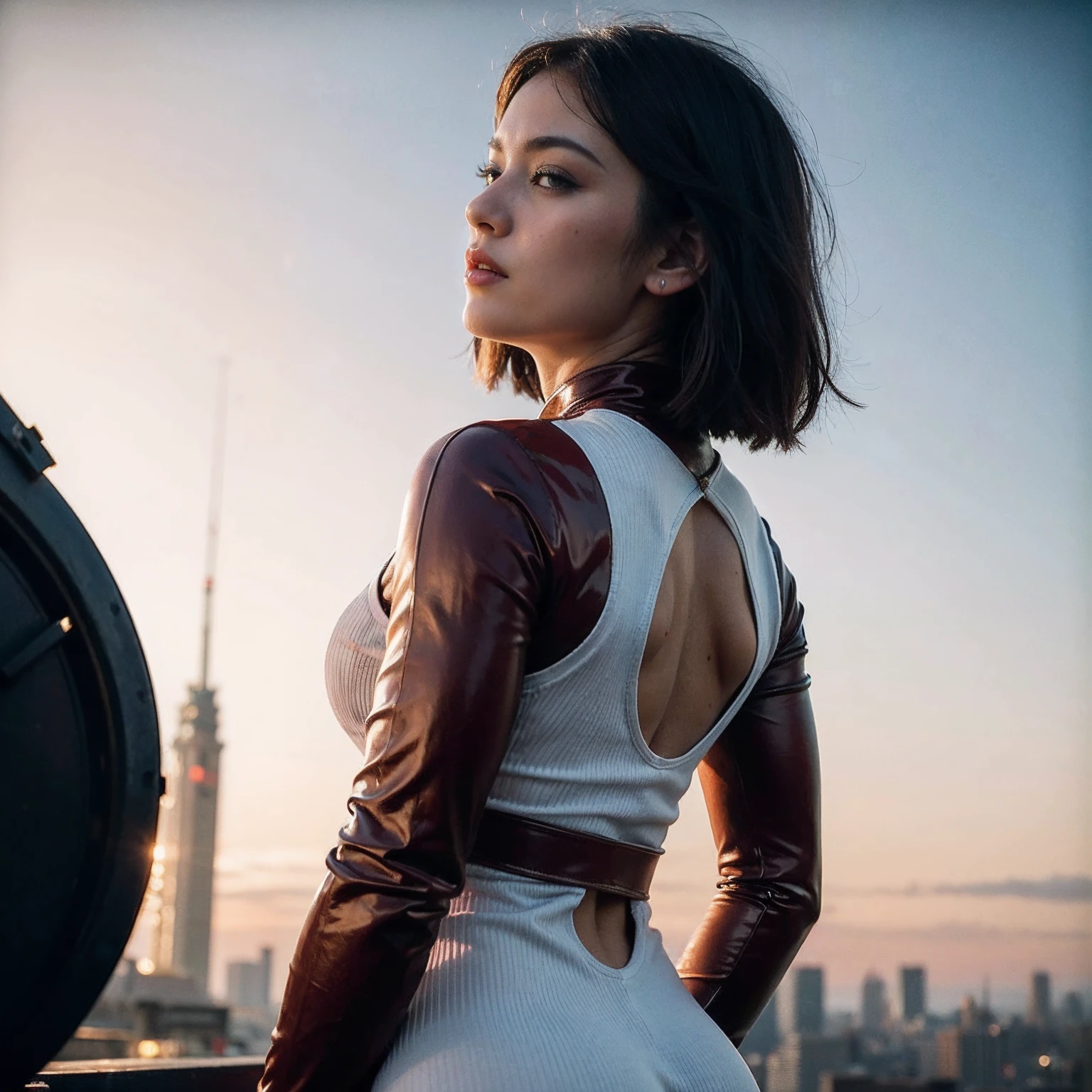 photo RAW,(close-up rear view of the beautiful girl dressed in an latex, fit, athletic, amazonian build, muscular physique, muscular arms, erotic beautiful body of a queen, Japanese, looking away, utopian, body parts, (dynamic camera:1.2),highly detailed, ayayami kojima, karol bak, greg hildebrandt and mark brooks, hauntingly surreal, gothic, highly detailed and intricate, rich deep colors, sci-fi, red and white colors), masterpiece, award winning photography, lighting, perfect composition, high detail, hyper realistic,dramatic lighting, epic