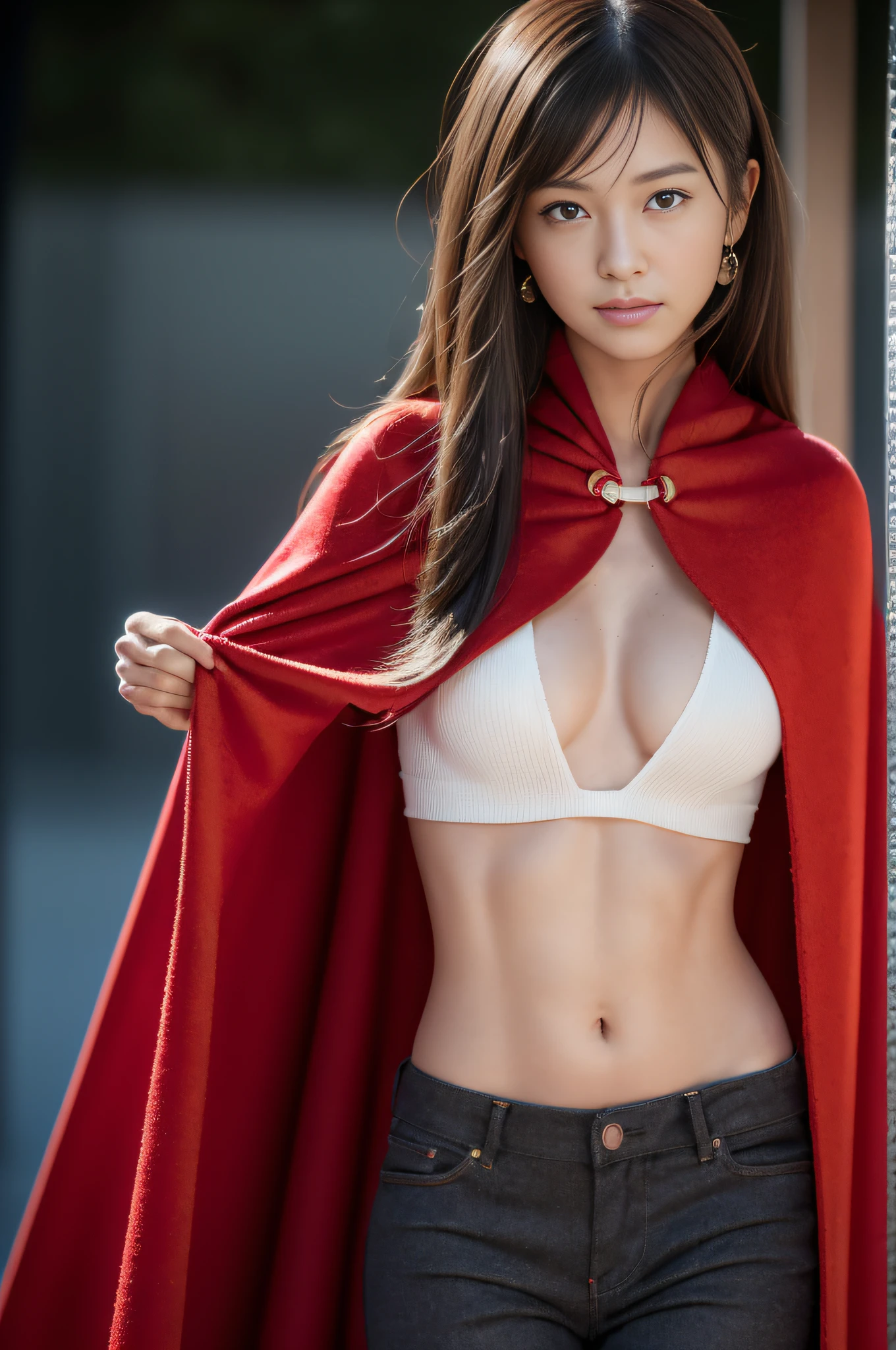 (Masterpiece:1.3), (8K, Photorealistic, Raw photography, Best Quality:1.4), (1girl), Beautiful face, Realistic face, (Detailed face), Beautiful hairstyle, (Detailed hair), Realistic eyes, (Detailed eyes), Beautiful details, Realistic skin, (Detailed skin), Beautiful skin, Attractive, Ultra high definition, A hyper-realistic, Very detailed, (medium breasts:0.5), Japanese beauty, (slim figure), (arafed woman in red coat and red pants standing in a parking lot, long torn red cape, long red cape, a red cape, long cape, red cape, with cape, wearing a red cape, red clothes, multilayered outfit, large cape, flowing cape, post modernist layering, black and red silk clothing, long cloak, coat pleats), cute young Japanese girl, pretty young Japanese girl, (dark gray gradation background)