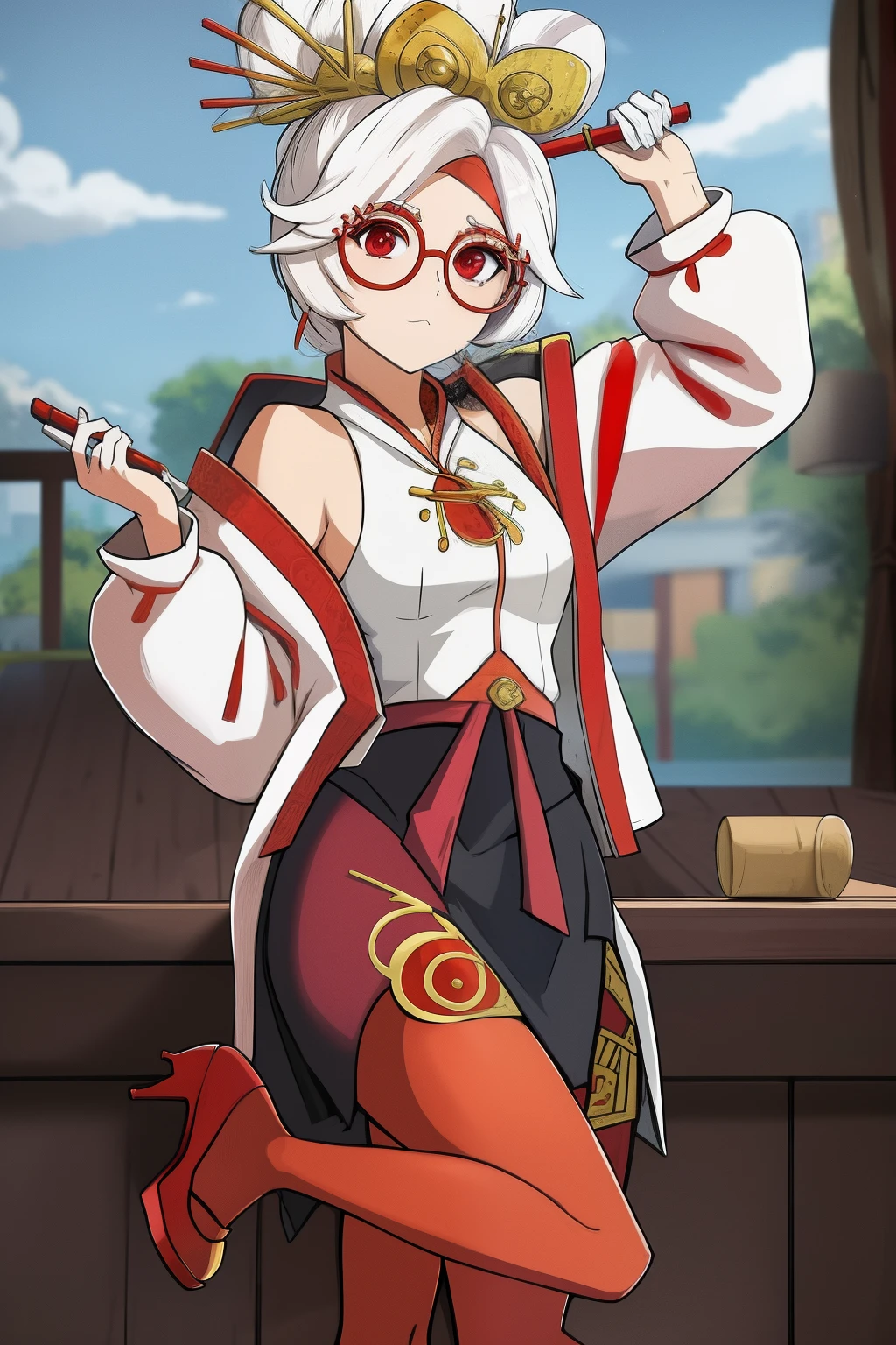 red glasses, hair ornament, white jacket, sleeveless shirt, black skirt, orange leggings, high heels