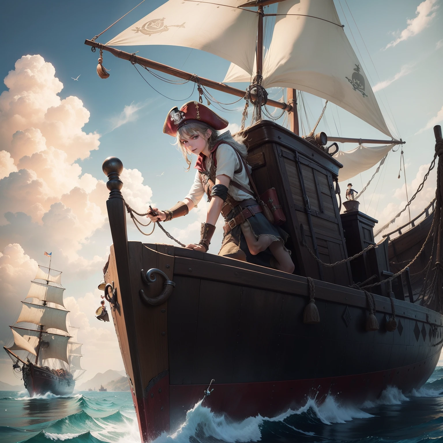 17-year-old teenage archaeologist standing on the bow of a pirate ship