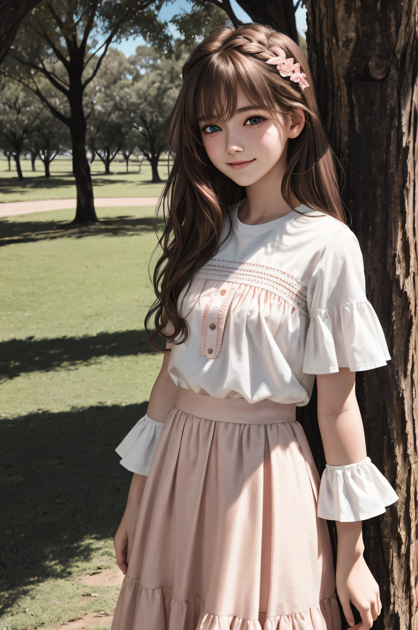 young girl in a park on a very windy day, {best quality}, {{masterpiece}}, {highres}, {{{full body shot}}}, extremely detailed girl, ager, australian, {{{pale skin}}}, {{{detailed face}}}, {anime}, sharp focus, {{{character{1 girl}}}}, solo, {{{white tshirt, long pink tiered skirt}}}, beautiful detailed eyes, brown eyes, {{{{{sharp focus}}}}}, {medium hair, light-brown hair}, {{{detailed cloth texture}}}, {{{detailed skin texture}}}, {{{smooth lighting}}}, light smile, wind blowing,