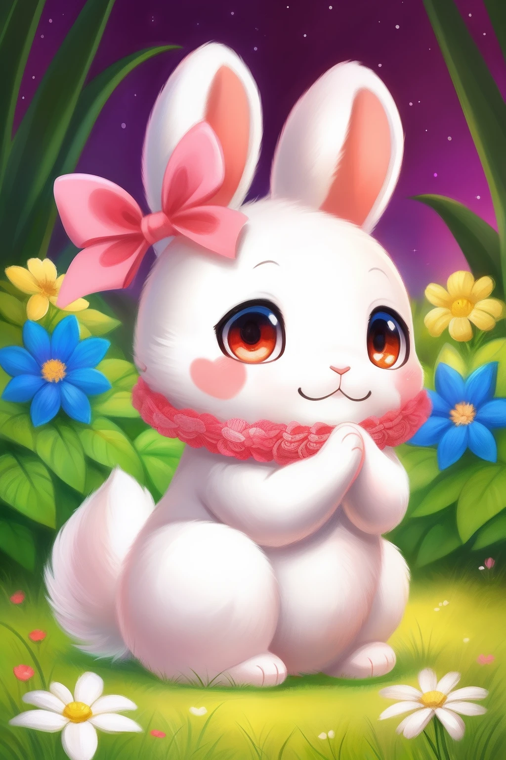 There is a large white rabbit with a flower in its mouth, adorable digital art, lovely digital painting, cute anthropomorphic bunny, animal bonito, arte digital detalhada bonito, bonito bonito, o coelhinho tem pelo rosa, cute colorful adorable, lindo e bonito, cute and adorable, adorable creature, arte fofa, bonito bonito, bonito bonito, anime bonito