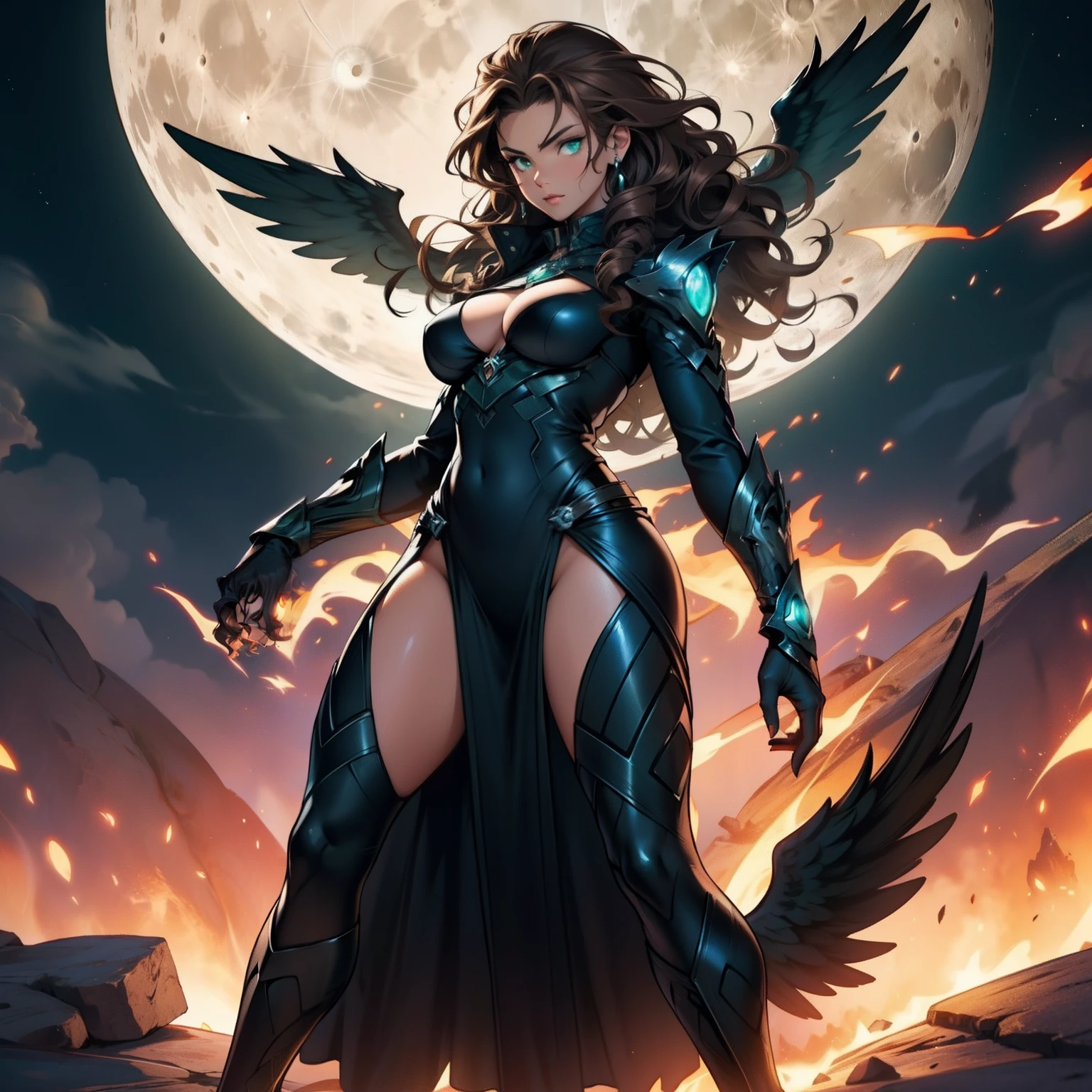 Angel Woman. Sexy Badass Witch. Brown Curly Hair. Angel Wings. Strong Woman. Beautiful Moon Background. Full Body. Long Curly Hair. Green Eyes. Fire Power