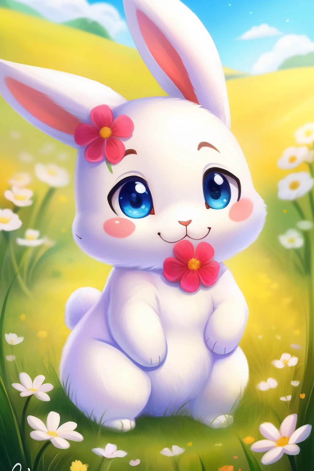 There is a large white rabbit with a flower in its mouth, adorable digital art, lovely digital painting, cute anthropomorphic bunny, animal bonito, arte digital detalhada bonito, bonito bonito, o coelhinho tem pelo rosa, cute colorful adorable, lindo e bonito, cute and adorable, adorable creature, arte fofa, bonito bonito, bonito bonito, anime bonito