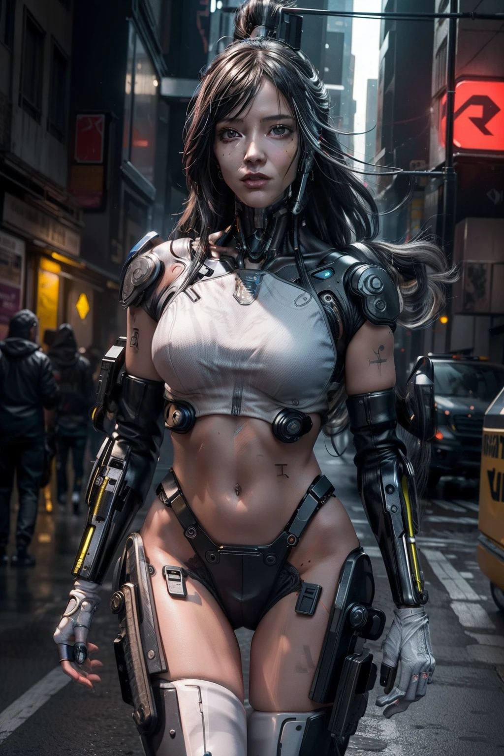 Foto realista, cinematic effect, poco desenfoque, Cyberpunk chica cyborg sin cabello de cuerpo completo conectado por cables a un servidor, ambiente oscuro con neblina, laboratorio, Biomechanical parts, Bionic eyes, cuerpo de metal de color blanco, ambiente Cyberpunk, estilo matrix y blade runner,