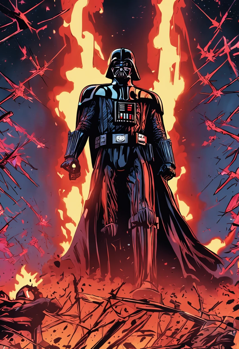DARTH VADER, surrounded by flames and thunder