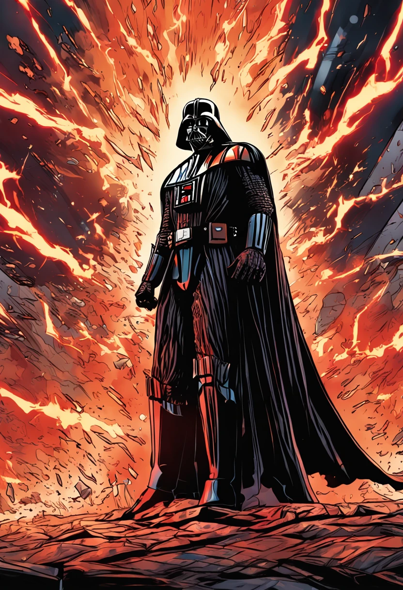 DARTH VADER, surrounded by flames and thunder