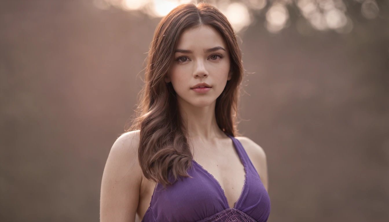 RAW, professional photograph, movie photograph, medium shot, Female, twenty years old, (greek goddess), sport outfit, sportswear, gradient background light purple and midnight purple, (Artemisa), athletic body, soft facial features, long hair, straight hair, brown hair, brown eyes, Realism, hyperrealism, ray tracing, high details, super detail, UHD, 8k