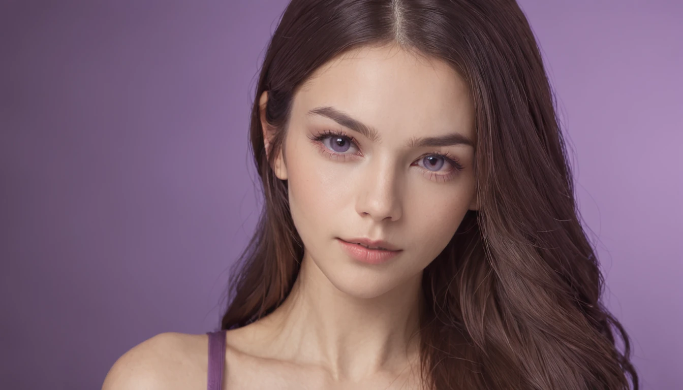 RAW, professional photograph, movie photograph, medium shot, Female, twenty years old, (greek goddess), sport outfit, sportswear, gradient background light purple and midnight purple, (Artemisa), athletic body, soft facial features, long hair, straight hair, brown hair, brown eyes, Realism, hyperrealism, ray tracing, high details, super detail, UHD, 8k