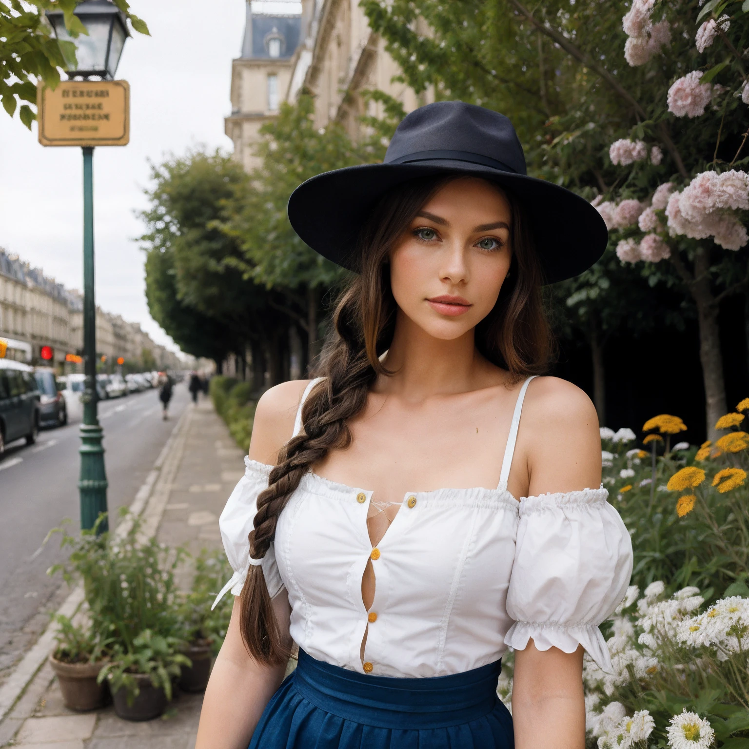 attractive modern french woman wearing traditional breton costume dress in the middle of Paris Street upper body, (best quality), (masterpiece), (solo), 1girl, brown hair, brown eyes, braided hair, blue dress, hat, garden, flowers, river, looking at viewer,