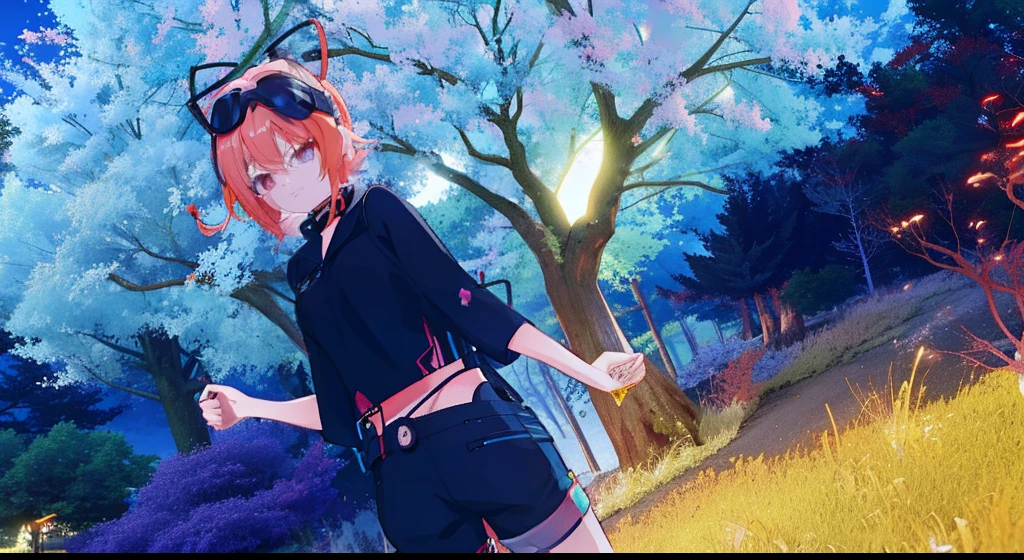 there is a woman in a black top and shorts standing in front of a tree, anime styled 3d, vrchat, anime style. 8k, hints of yayoi kasuma, inspired by INO, inspired by Ai-Mitsu, beautiful screenshot, render of a cute 3d anime girl, in a candy forest! at night, anime stylized