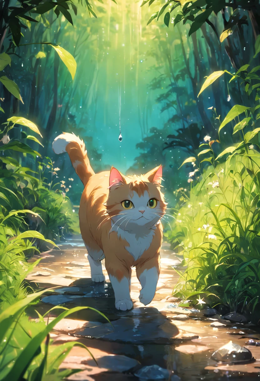 Un gato caminando en la hierba, gotas de agua, Lindo, Obra maestra, La mejor calidad, animal, splendid, no_Seres humanos, vida, felicidad, Naturaleza, verde, furr, Tierra, Luces trazadas