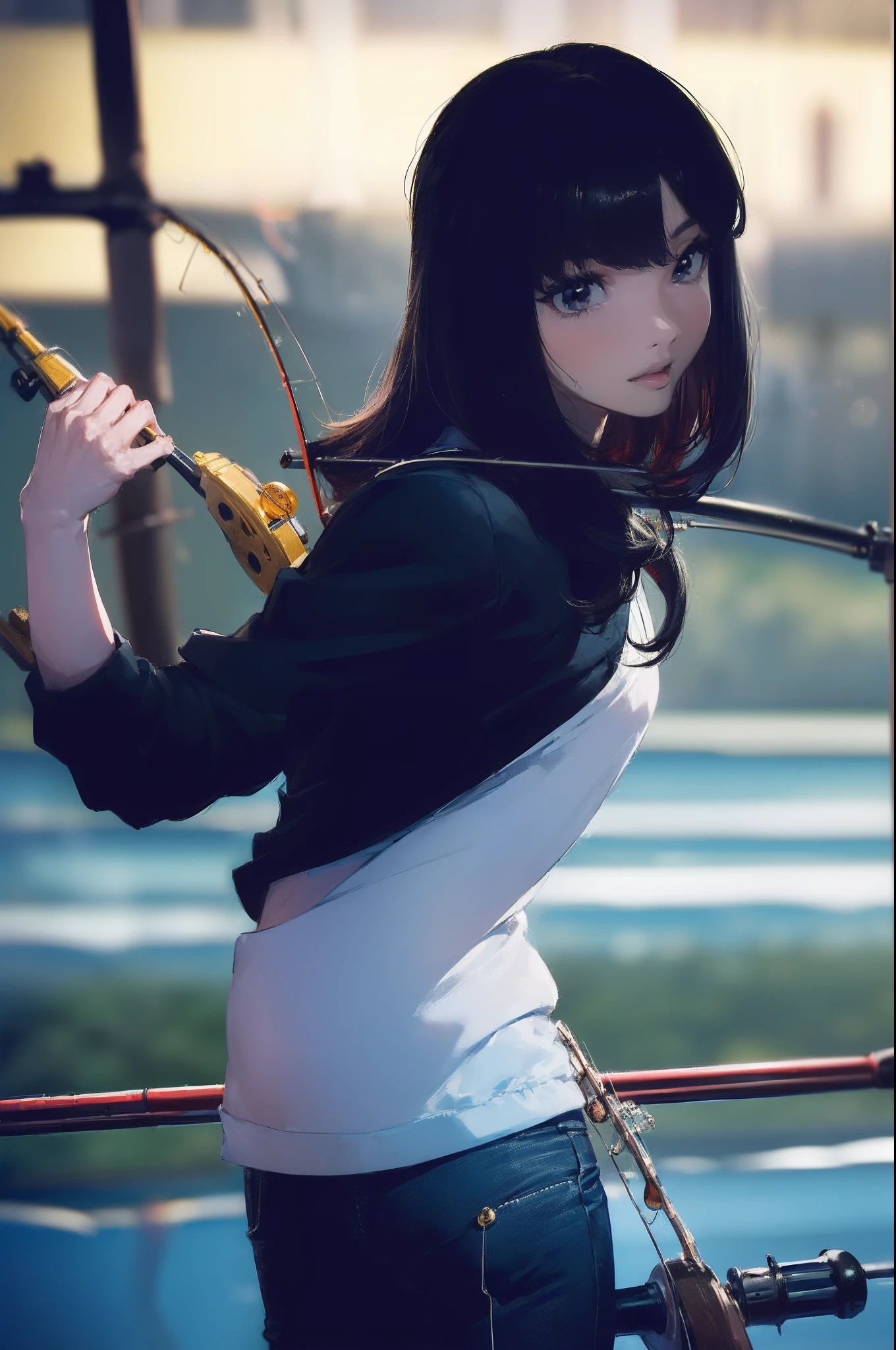 ((((having fishing rod with a reel by the lakeside:1.5)))),((Female 28 years old)),((Best Quality:1.5)),(((Hands with the correct number and structure of fingers:1.4))),((Big fish:1.37)),hight resolution,ultra-detailliert,masterpiece,best qualtiy,(Eight-headed body),Black hair, long eyes-lashes, Solid Circle Eyes, drop shadow, Atmospheric perspective,Super Detail, ccurate, small brest,(Black jacket and black jeans :1.1),top-quality, blurry backround, bokeh dof:1.2, (masterpiece:1.3), Atmospheric perspective,Super Detail,dynamic compositions,
