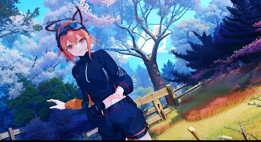 there is a woman in a black top and shorts standing in front of a tree, anime styled 3d, vrchat, anime style. 8k, hints of yayoi kasuma, inspired by INO, inspired by Ai-Mitsu, beautiful screenshot, render of a cute 3d anime girl, in a candy forest! at night, anime stylized