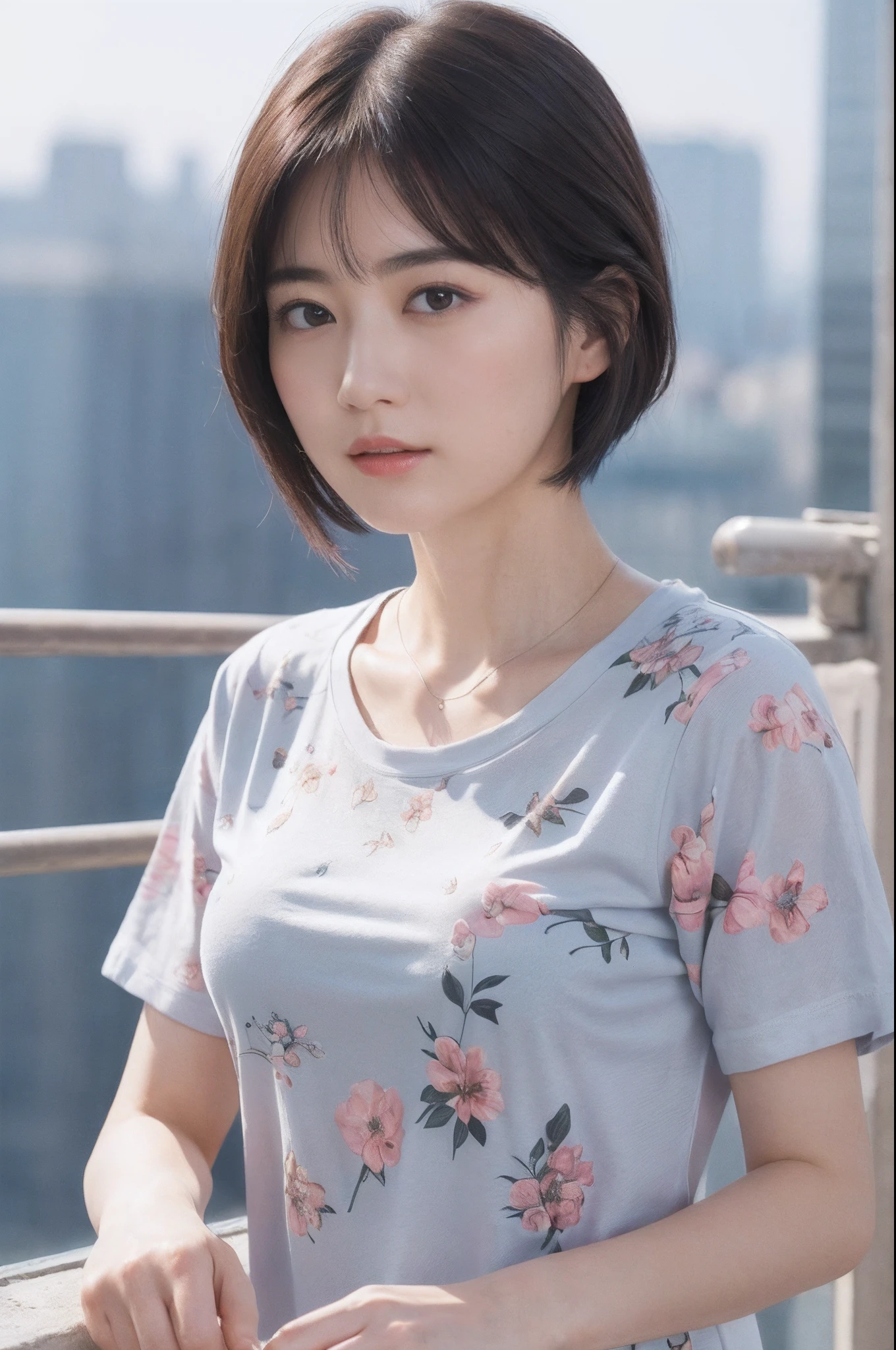 (8K、top-quality、​masterpiece:1.2)、(realisitic、Photorealsitic:1.37)、ultra-detailliert、((Beautuful Women))、((Floral T-shirt))、JINS、looking at the viewers、On the roof of a building、(breast)、((black-short-hair))