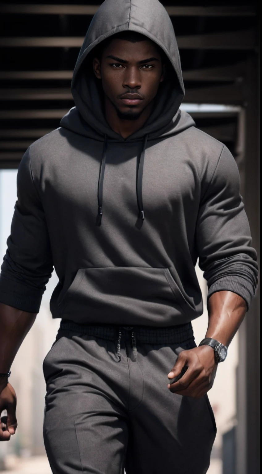 (A handsome 25 years old African American male scholar:1.2), (short brown hair:1.1), (dark skin), (serious face:1.4), (wearing grey hooded street outfit and black pants:1.2), view from front, (dynamic pose:0.8), (chiaroscuro lighting:0.8), photo realism, intricate face detail, intricate hand details, highly detailed, vibrant colors, cinematic, high definition, trending on Artstation--style raw