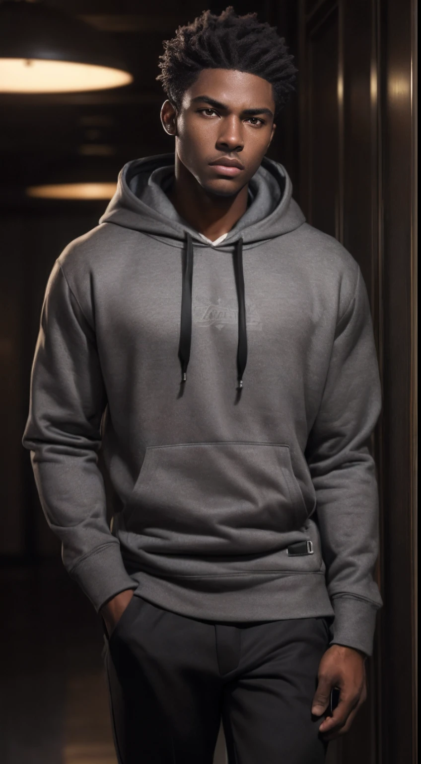 (A handsome 25 years old African American male scholar:1.2), (short brown hair:1.1), (dark skin), (serious face:1.4), (wearing grey street hoodie and black pants:1.2), view from front, (dynamic pose:0.8), (chiaroscuro lighting:0.8), photo realism, intricate face detail, intricate hand details, highly detailed, vibrant colors, cinematic, high definition, trending on Artstation--style raw