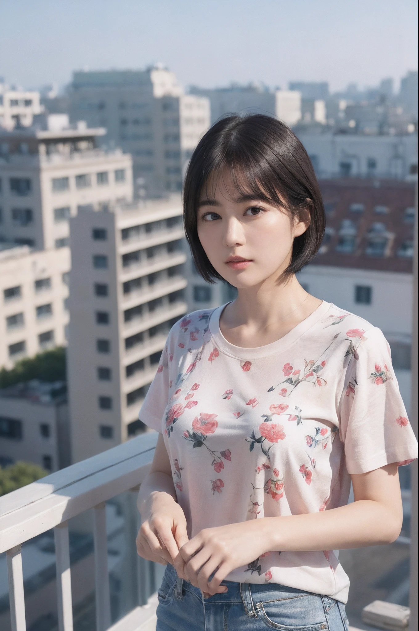 (8K、top-quality、masterpiece:1.2)、(realisitic、Photorealsitic:1.37)、ultra-detailliert、((Beautuful Women))、((Floral T-shirt))、JINS、looking at the viewers、On the roof of a building、(breast)、((black-short-hair))