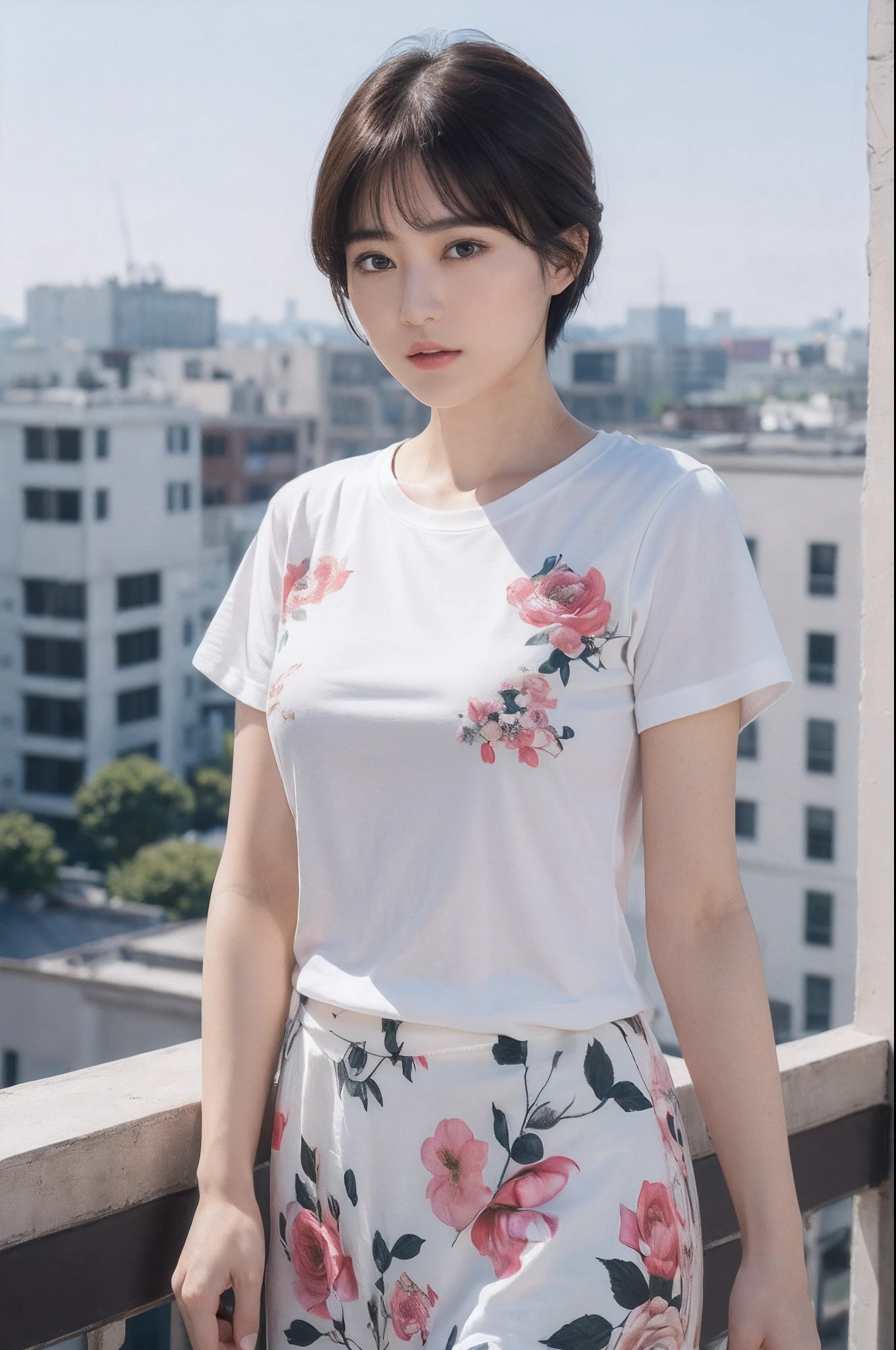 (8K、top-quality、​masterpiece:1.2)、(realisitic、Photorealsitic:1.37)、ultra-detailliert、((Beautuful Women))、((Floral T-shirt))、JINS、looking at the viewers、On the roof of a building、(breast)、((black-short-hair))