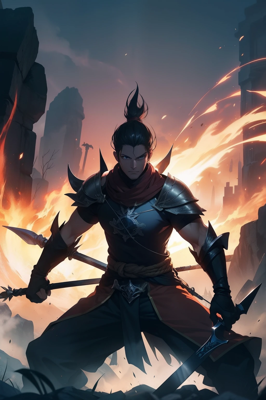 crie um arcanjo azulado segurando uma espada flamejante de luz roxa em um ambiente de muito fogo, in a pose of one who is preparing for a battle