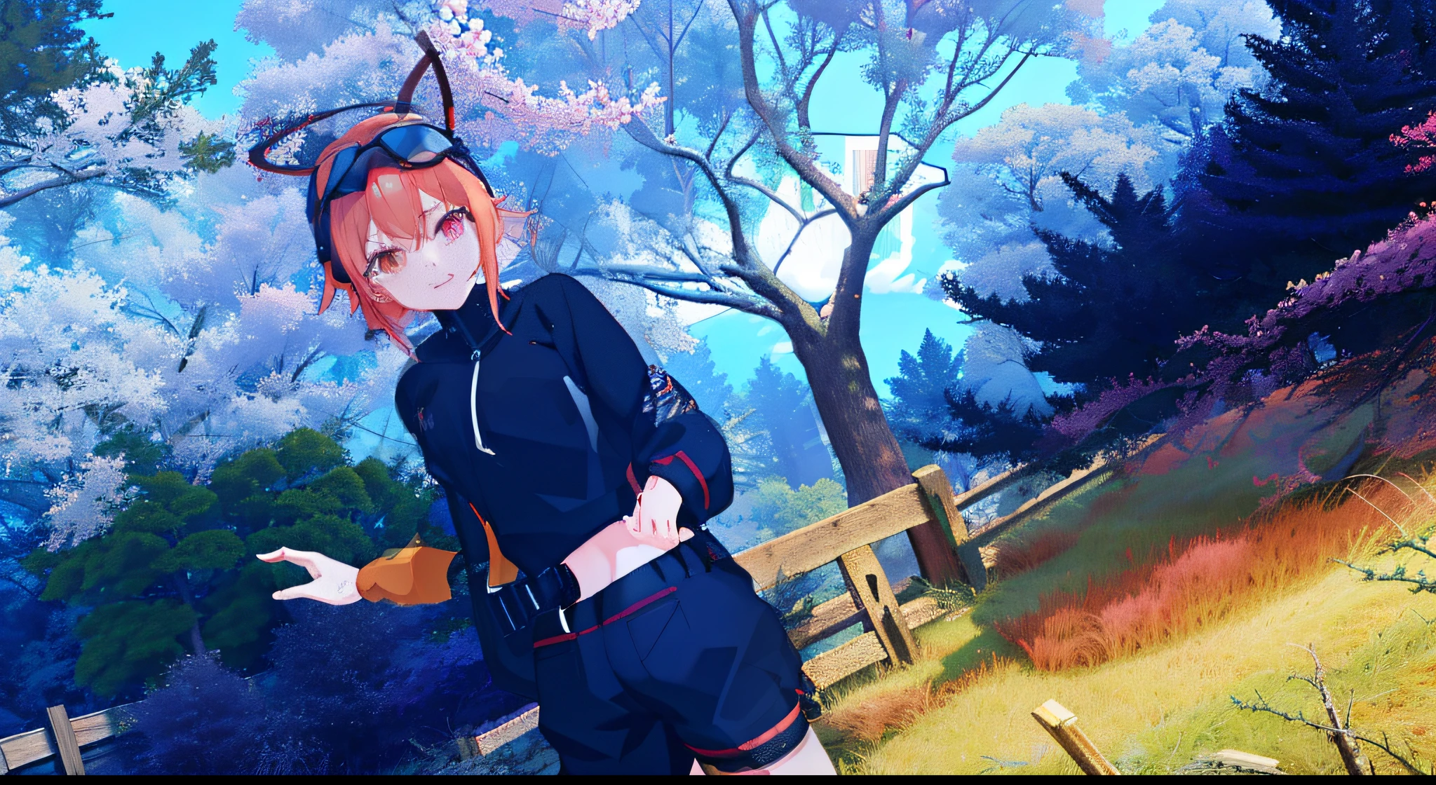 there is a woman in a black top and shorts standing in front of a tree, anime styled 3d, vrchat, anime style. 8k, hints of yayoi kasuma, inspired by INO, inspired by Ai-Mitsu, beautiful screenshot, render of a cute 3d anime girl, in a candy forest! at night, anime stylized