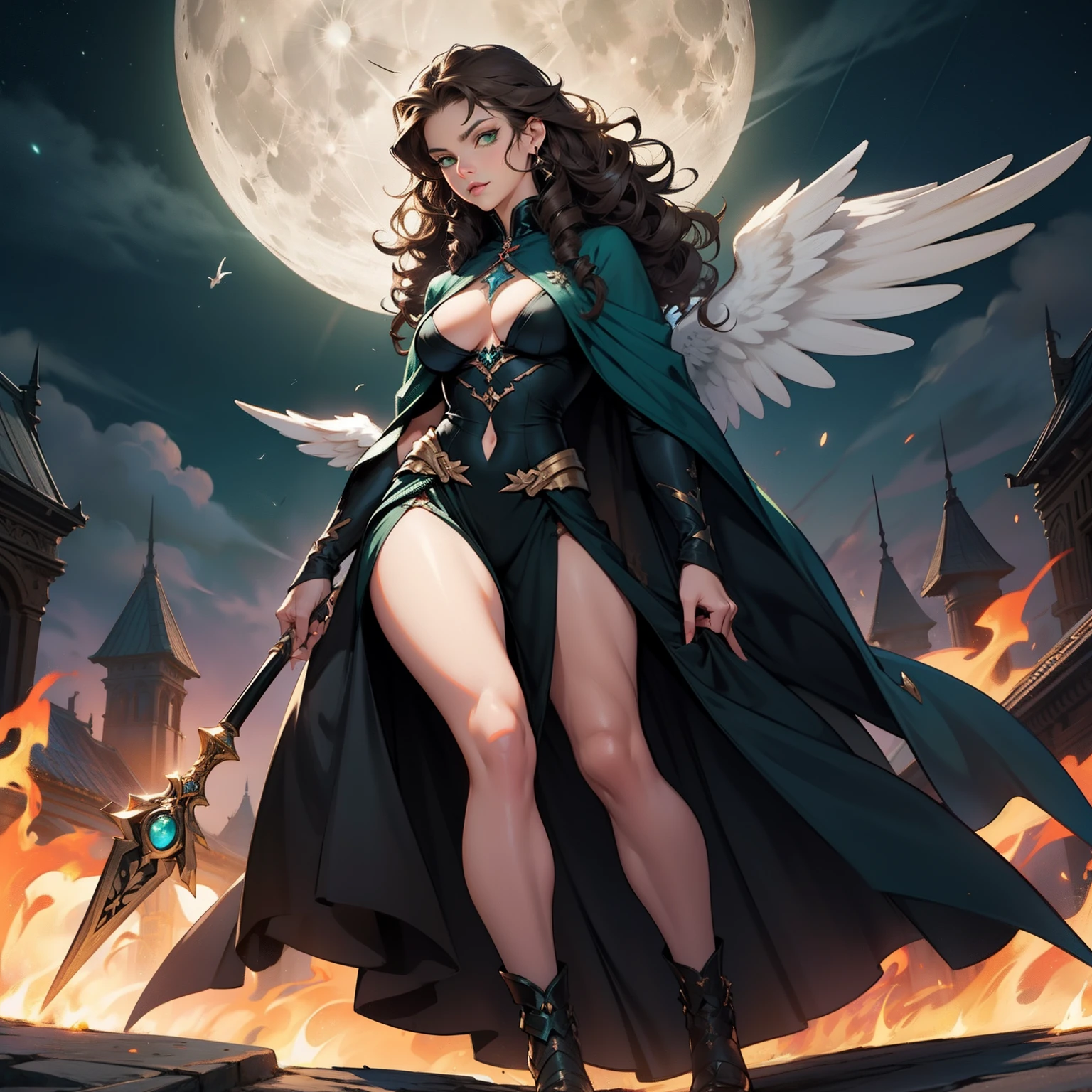 Angel Woman. Sexy Badass Witch. Brown Curly Hair. Angel Wings. Strong Woman. Beautiful Moon Background. Full Body. Long Curly Hair. Green Eyes. Fire Power