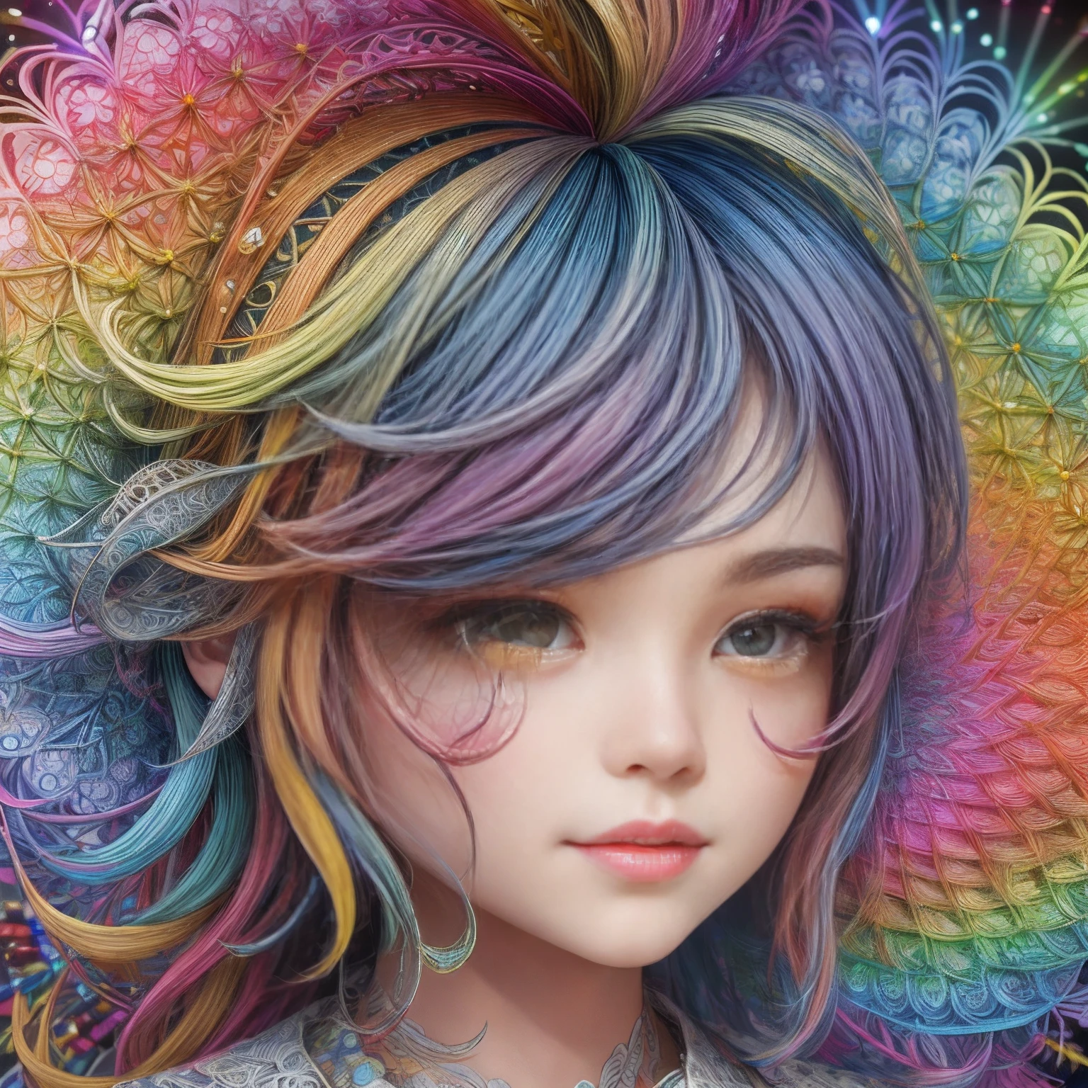Rainbow Colors theme,paper art,masutepiece,3d rendered,ighly detailed, in autumn,1girll, closing eye,ssmile,cabelos preto e longos,lilies, (Zentangle:1.2), (Geometry:1.2),cinematic lighting effect,4K, colourfull, profile