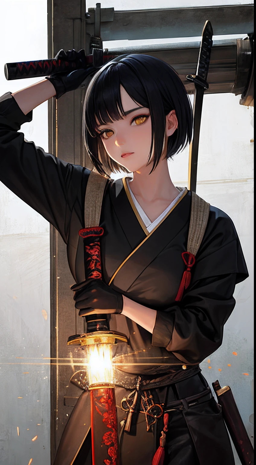 colorful,highest detailed, young woman with black short hair, yellow eyes, wearing samurai outfit, and welding a sword, trainee