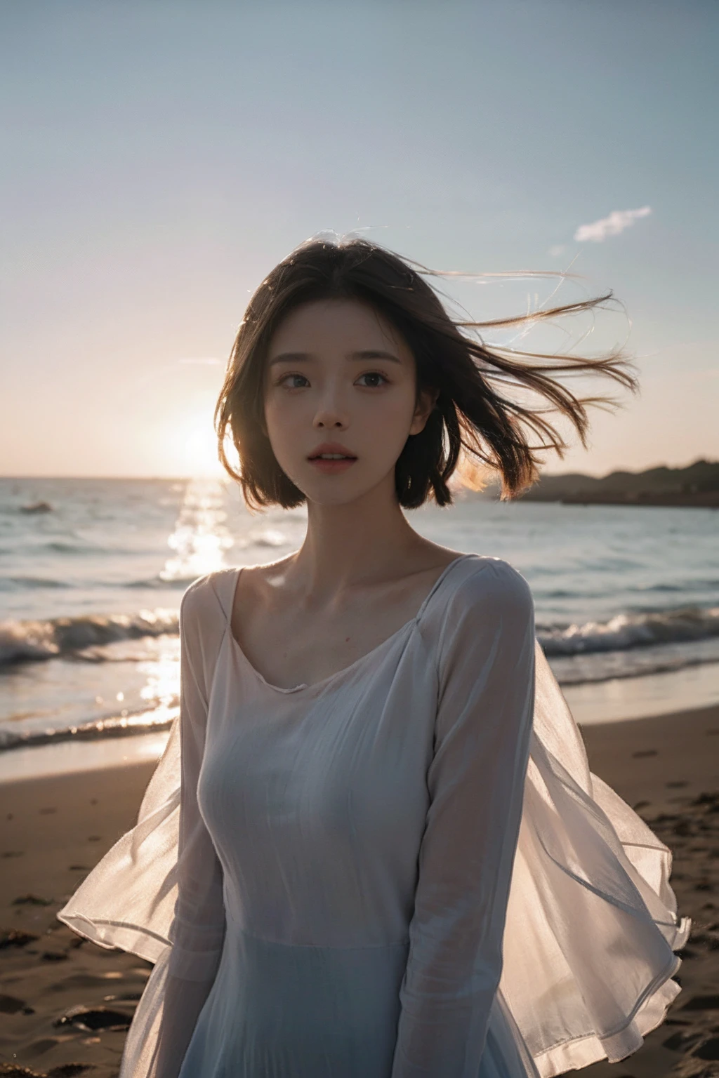 Best Quality,masutepiece,超A high resolution,Photorealistic,Raw photo,Unity 8k壁纸, the panorama, Cinematic lighting,
Sea, Blurry background, (Lens Flare), Wind, Pastel colors, Soft light,1girl in,Floating Shorthair, Elegant, Upper body,