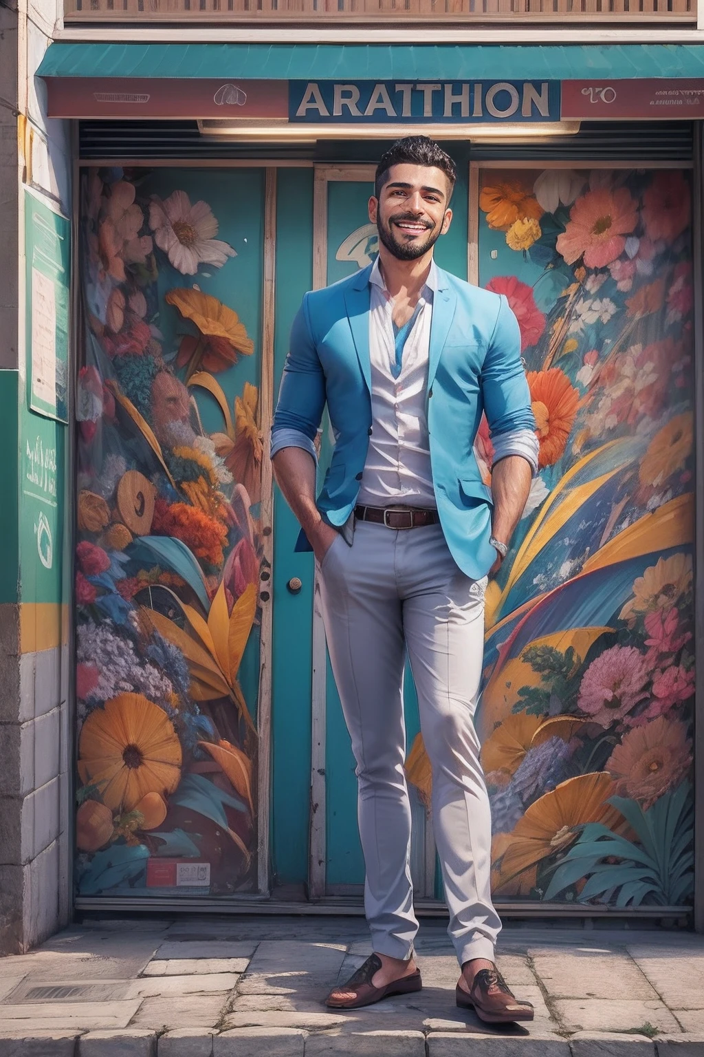 homem sorridente latino abrindo porta do carro, roupa social, gravata azul, Busy urban daytime area, luz diurna, intricado, realista, close, advertising image, comercial, atrativa, highes definition