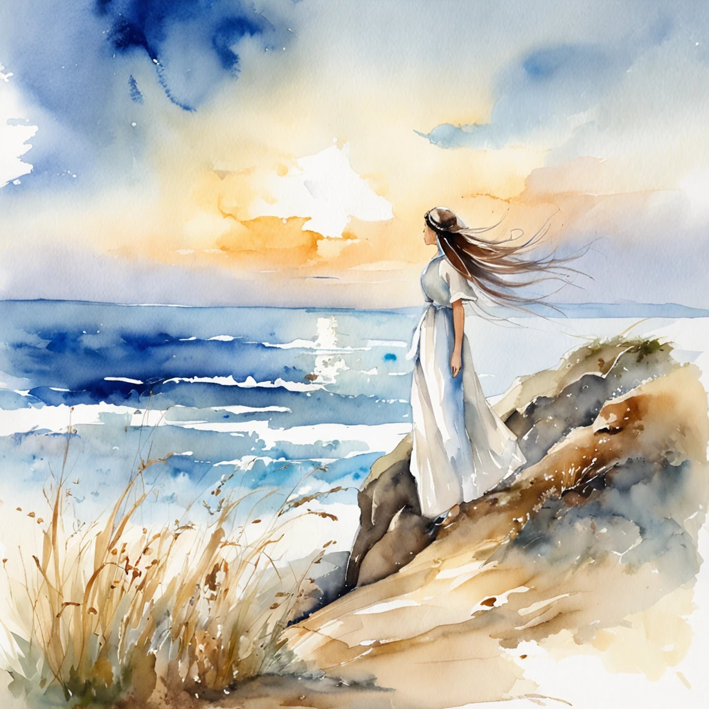 (((masterpiece))), top-quality, hight resolution, Watercolor-like landscape with beautiful depiction,With blue sky and expansive sea in the background、Girl in white dress stands gracefully.