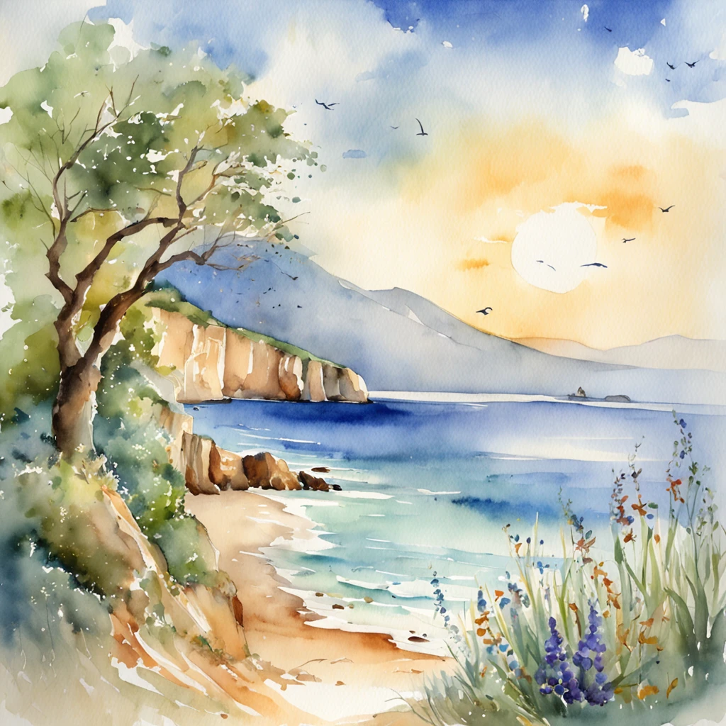 (((masterpiece))), top-quality, hight resolution, Watercolor-like landscape with beautiful depiction,With blue sky and expansive sea in the background、Girl in white dress stands gracefully.