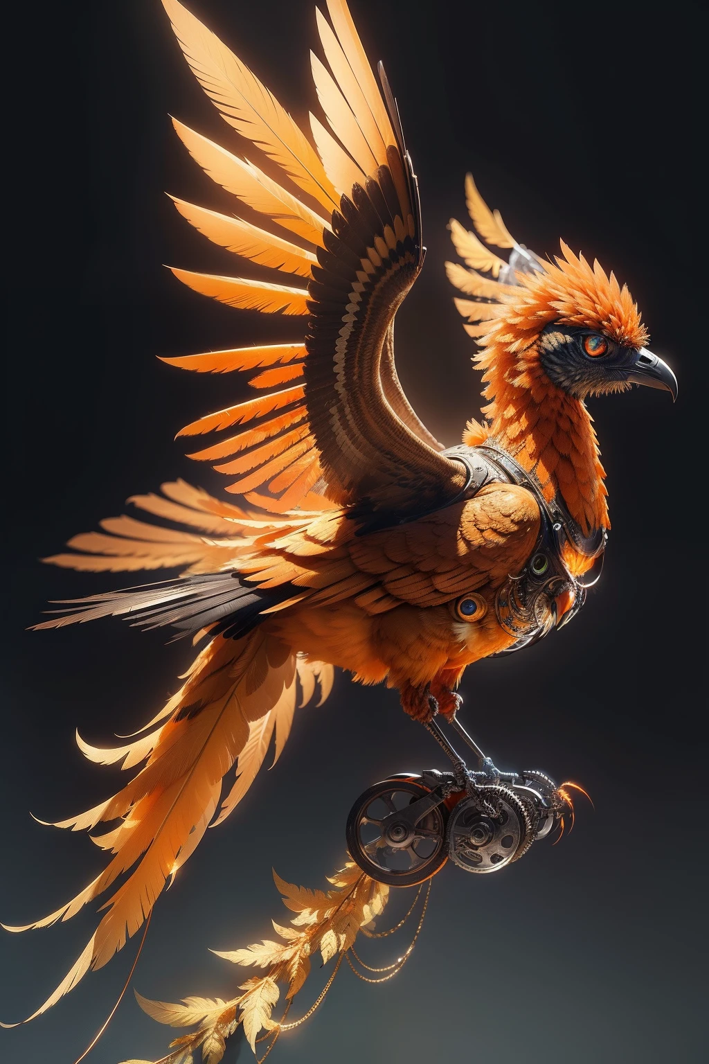 bird made of fully mechanical orange metallic feathers, flying bird, non-organic bird, mechanical bird, robot bird, made from mechanical parts, Bird with neon eye, detalhada, a surrealistic bird, altamente detalhado, made up of many bits of metal, elegante altamente detalhado, fundo Cyberpunk