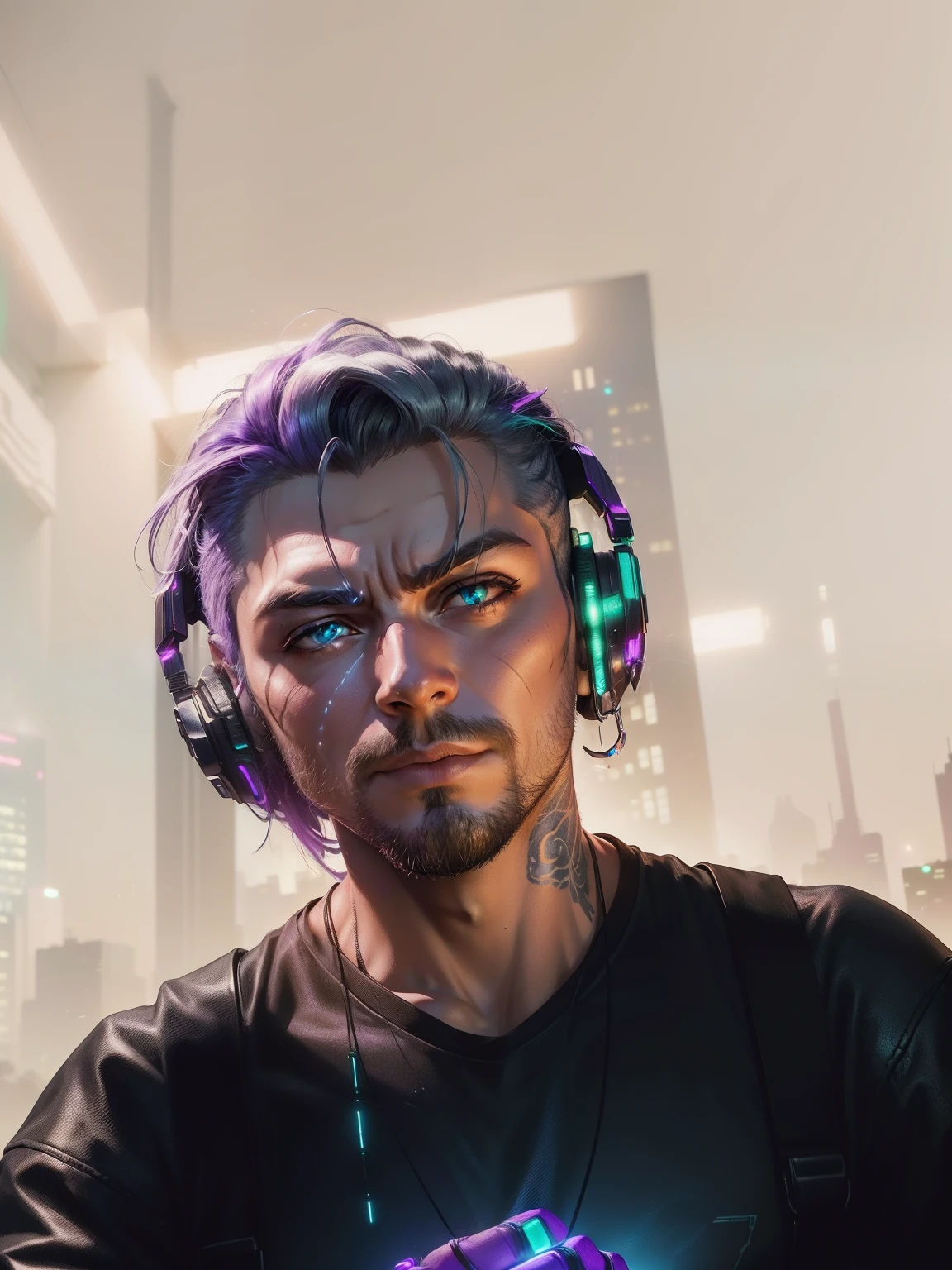 (master part, circunstanciado, Alto:1.4), Cyberpunk, cyberpunk 2077, fundo da cidade da noite Cyberpunk neon, Metallic cybernetic silver hand in foreground on frame, green-blue failure effect around the hand, brilho neon roxo-rosa