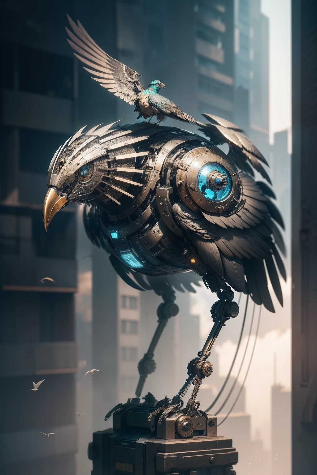 bird made of fully mechanical metal weighs, non-organic bird, mechanical bird, robot bird, made of mechanical parts, detailed, a surrealistic bird, highly detailed, composed of many pieces of metal, elegant highly detailed, Cyberpunk background