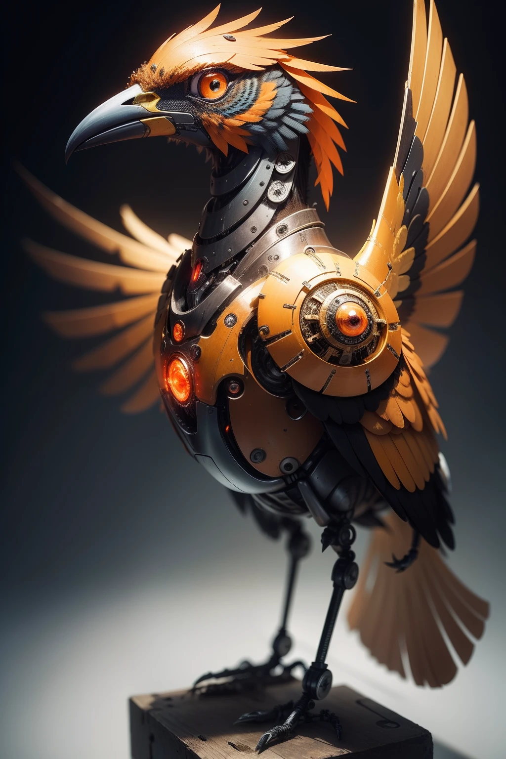 bird made of fully mechanical orange metal weighs, non-organic bird, mechanical bird, robot bird, made from mechanical parts, Bird with neon eye, detalhada, a surrealistic bird, altamente detalhado, made up of many bits of metal, elegante altamente detalhado, fundo Cyberpunk
