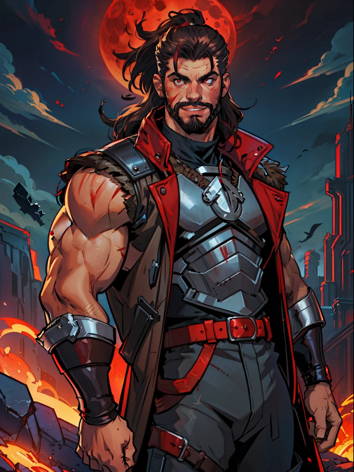 Blood moon background, illustration, Marvel comics style. Tall villian, buffed, short mane hair, ((mullet)), defined face, detailed eyes, short beard, glowing red eyes, dark hair, wily smile, badass, dangerous. Wearing overcoat, armor vest, cargo pants, high boots.