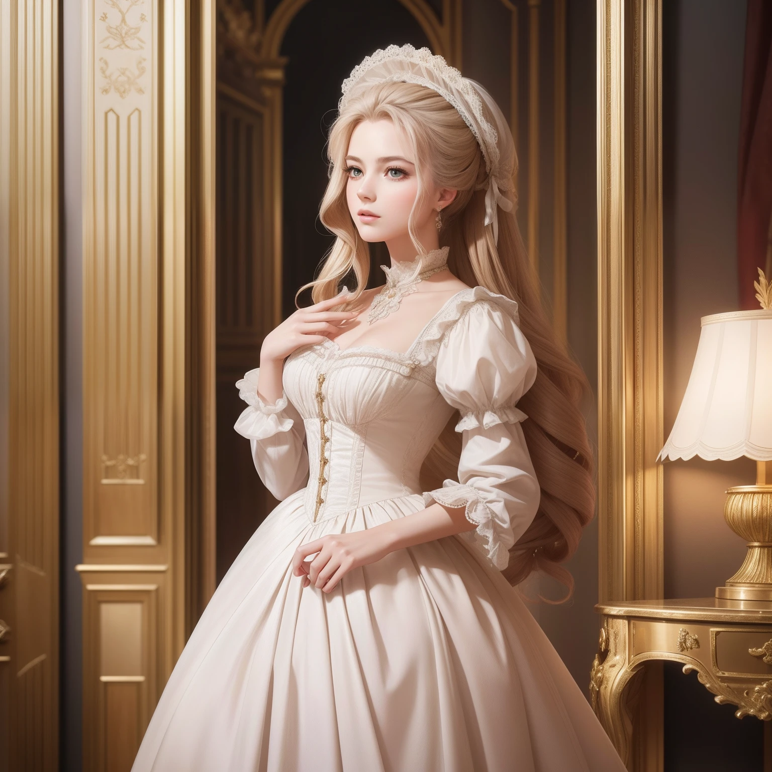 Portrait of a gorgeous blonde Princess wearing a stately and elaborate Victorian Cinderella ballgown, stiff with gold and sparkling with jewels, tightly corseted bodice, small breasts, huge puffed sleeves, adorned with ribbon bows, pearls, and diamonds